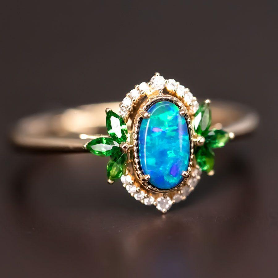 Australian Doublet Opal Diamond Tsavorite Engagement Ring 14K Yellow Gold In New Condition For Sale In Suwanee, GA