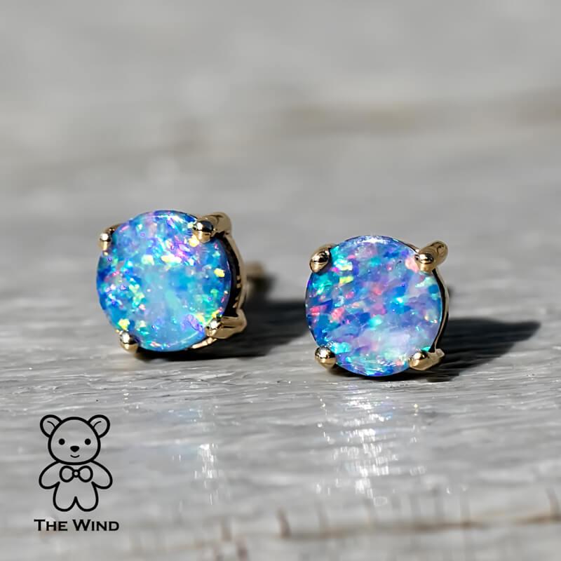 Arts and Crafts Minimalist Bright Australian Doublet Opal Round Stud Earrings 14K Yellow Gold