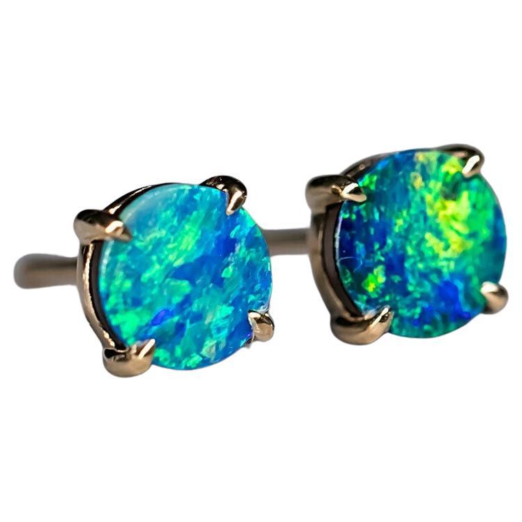 Australian Doublet Opal Round Stud Earrings 18K Yellow Gold For Sale