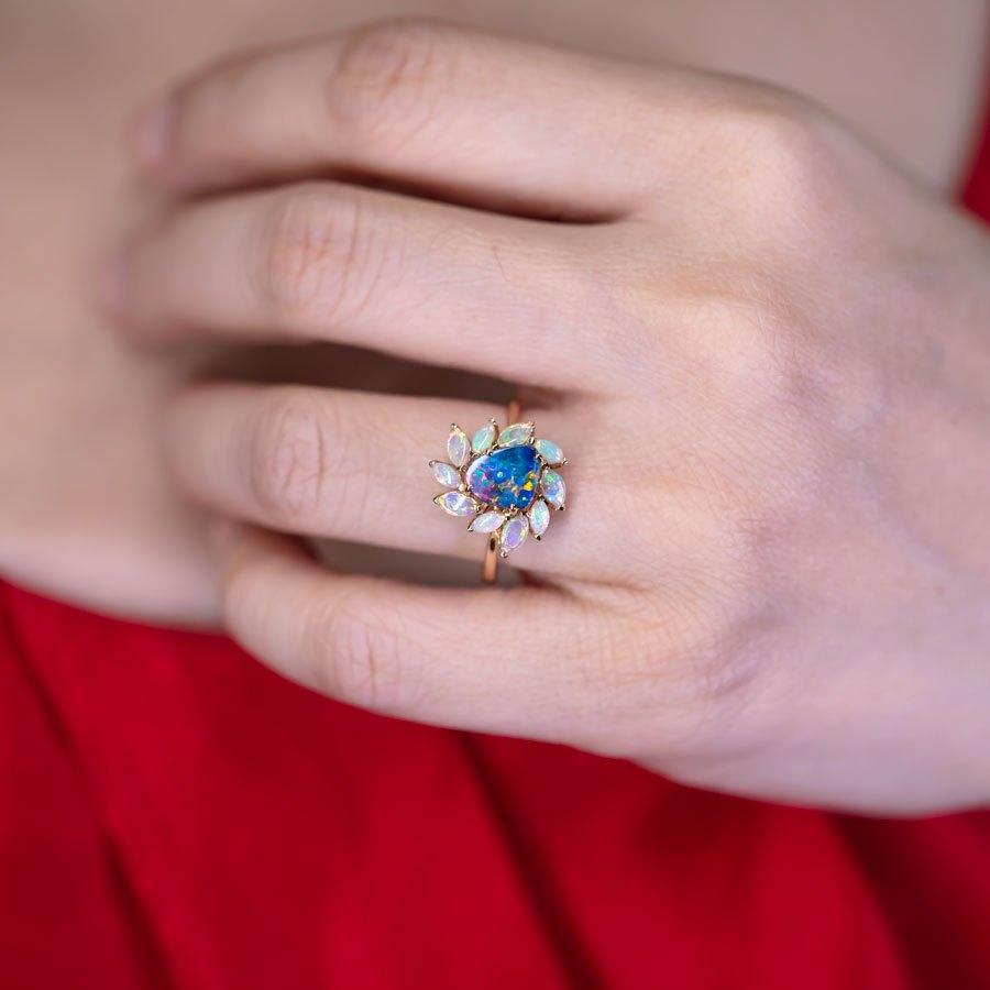Arts and Crafts Australian Doublet Opal & White Opal Engagement Ring 18K Yellow Gold For Sale