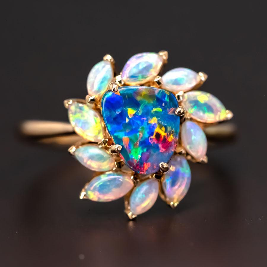 Brilliant Cut Australian Doublet Opal & White Opal Engagement Ring 18K Yellow Gold For Sale