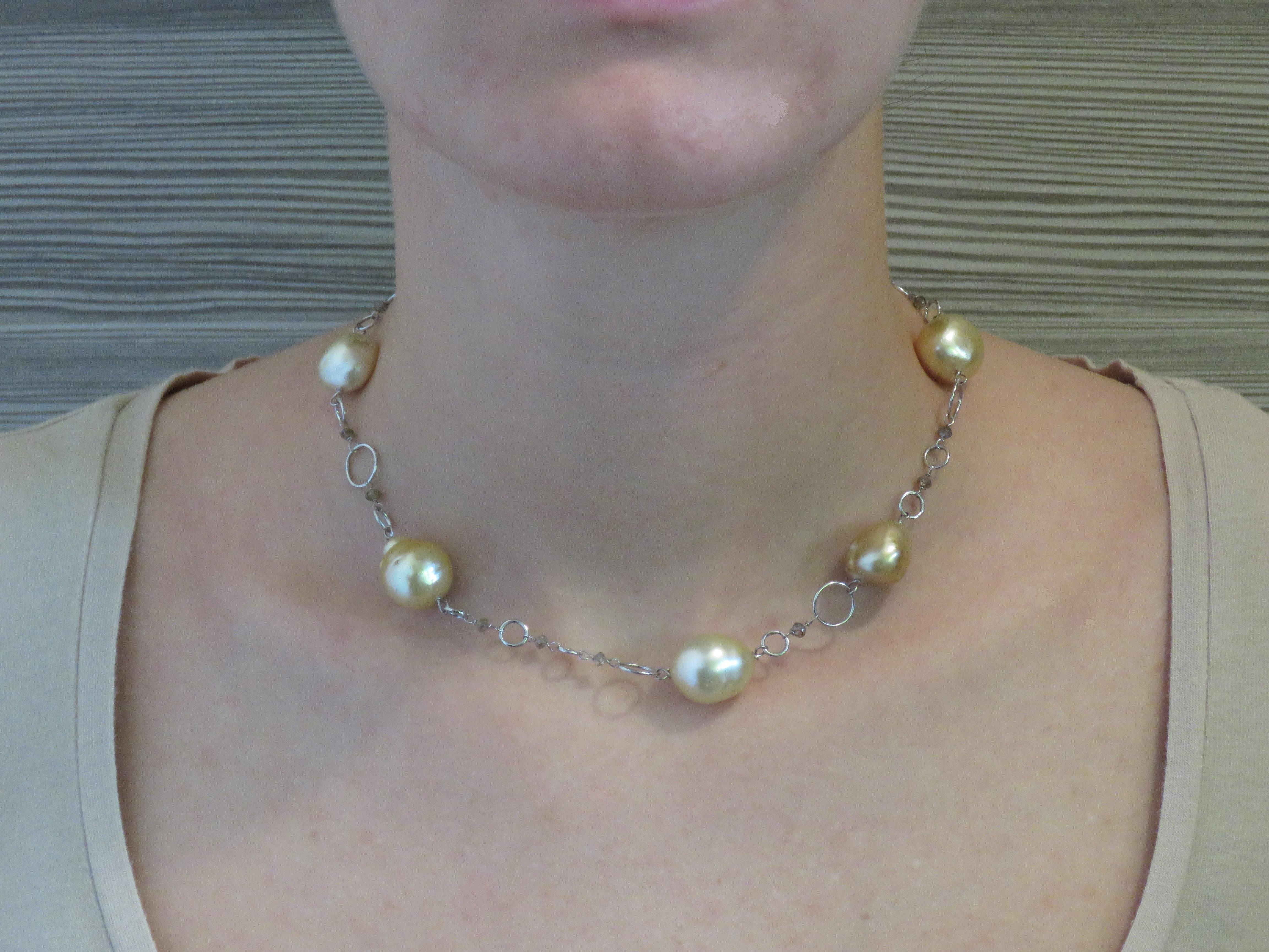 Unbelievable 6 natural Australian gold pearls (15 x 12 millimeters / 0.59 x 0.47 inches) and brown diamonds necklace in 18k white gold. Total length is 440 millimeters / 17.32  inches. It is handcrafted in Italy by Botta Gioielli and it is stamped