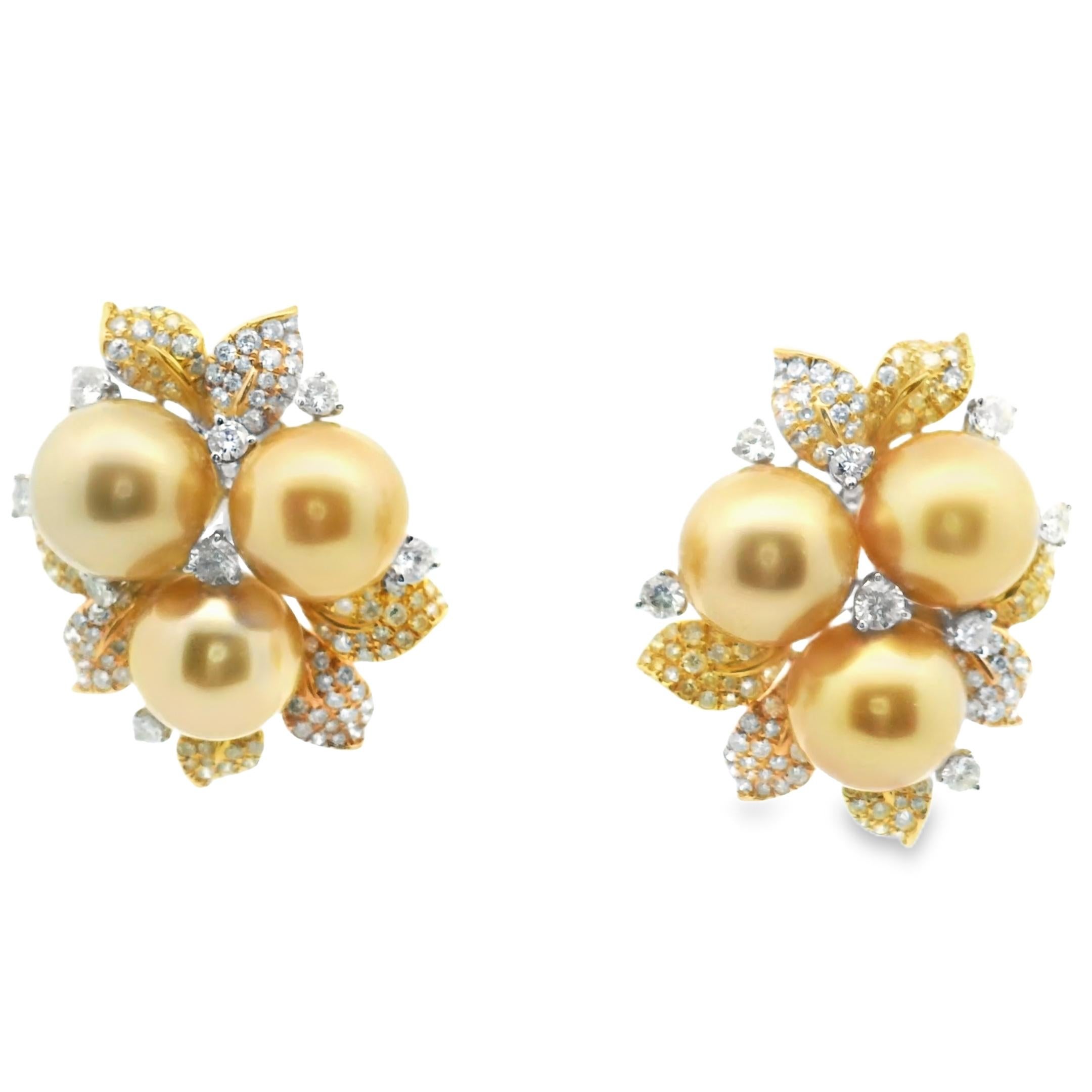 Australian Golden South Sea Pearl 18k White Yellow Diamond Cluster Earrings