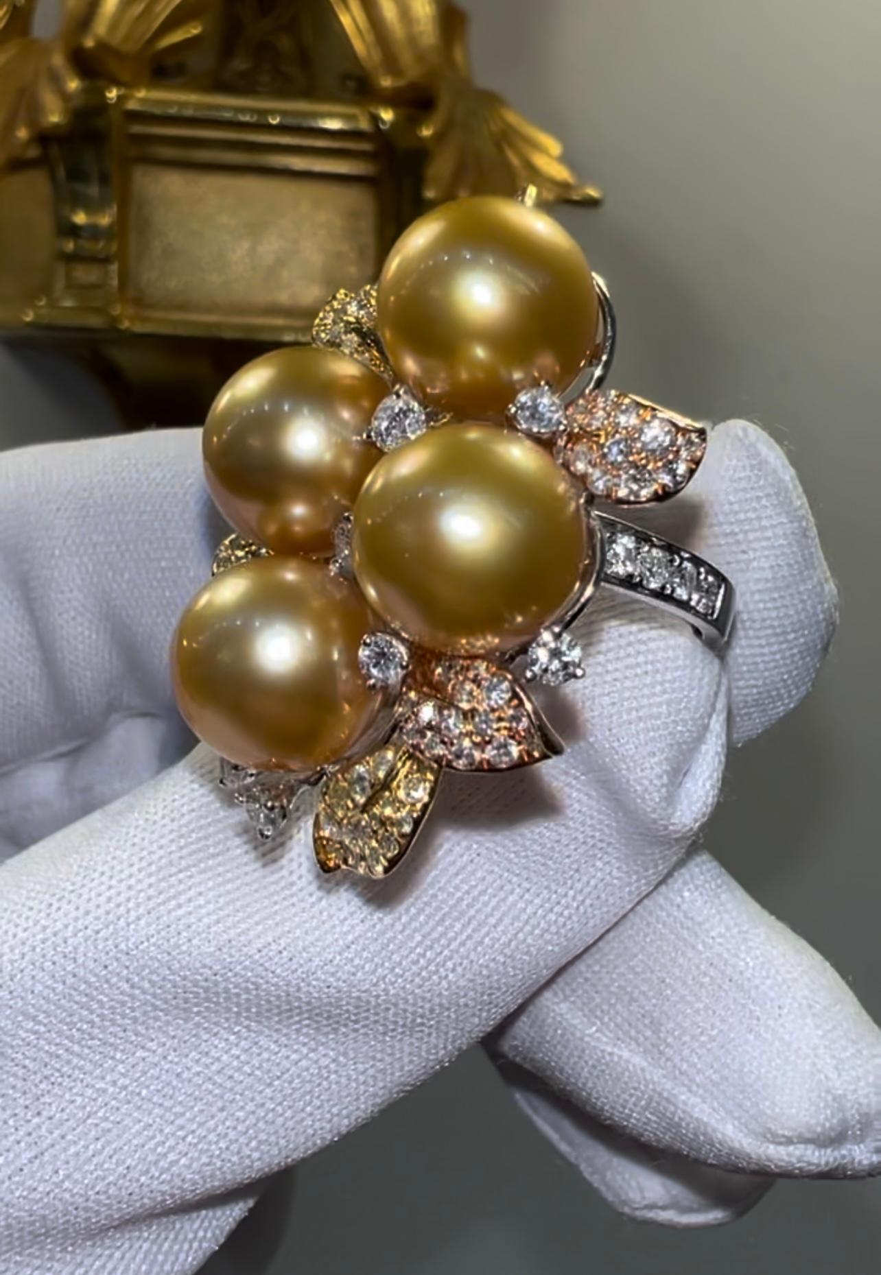 Australischer goldener Südseeperlen-Cocktailring mit 18 Karat weiß-gelbem Diamant (Rundschliff) im Angebot