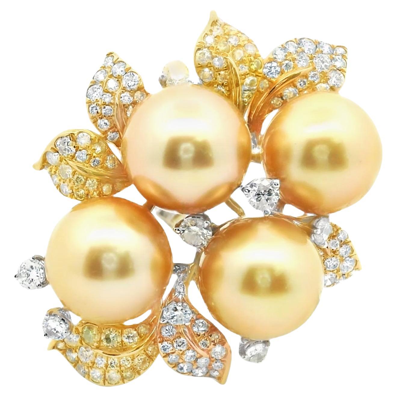 Australian Golden South Sea Pearl 18k White Yellow Diamond Cocktail Ring