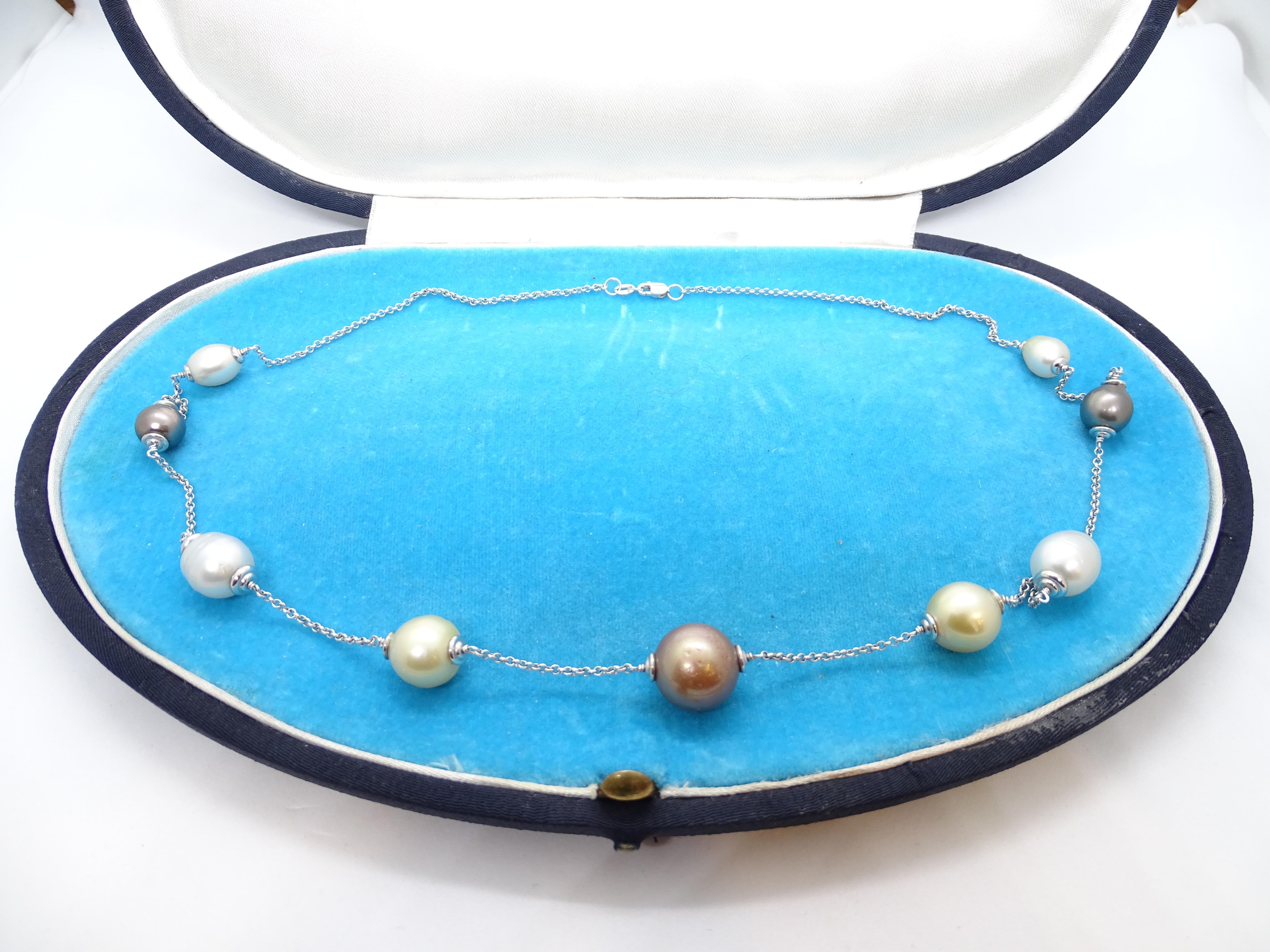Uncut Australian, golden, tahitian and chocolate pearl necklace - white gold chain