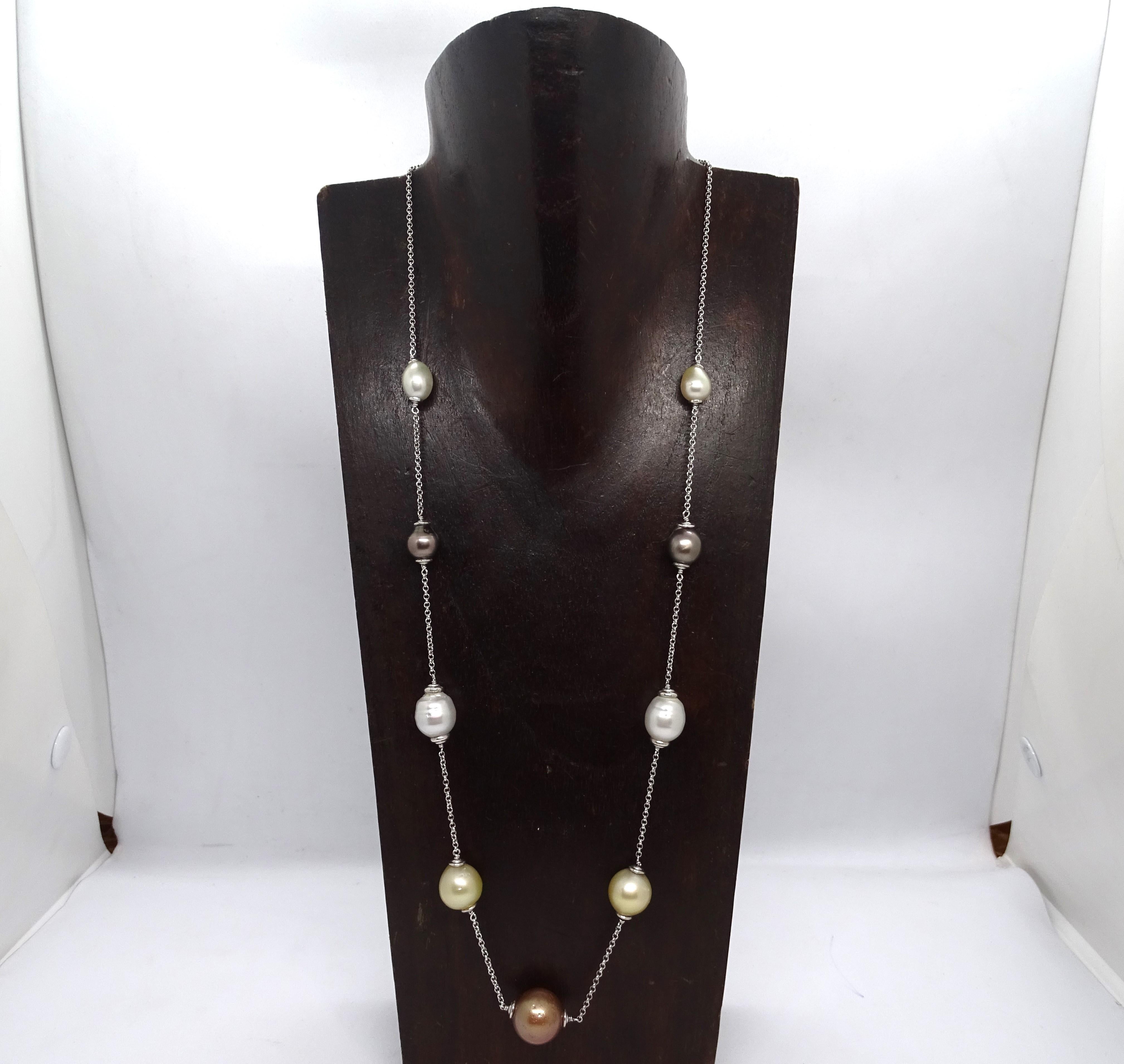 Women's Australian, golden, tahitian and chocolate pearl necklace - white gold chain