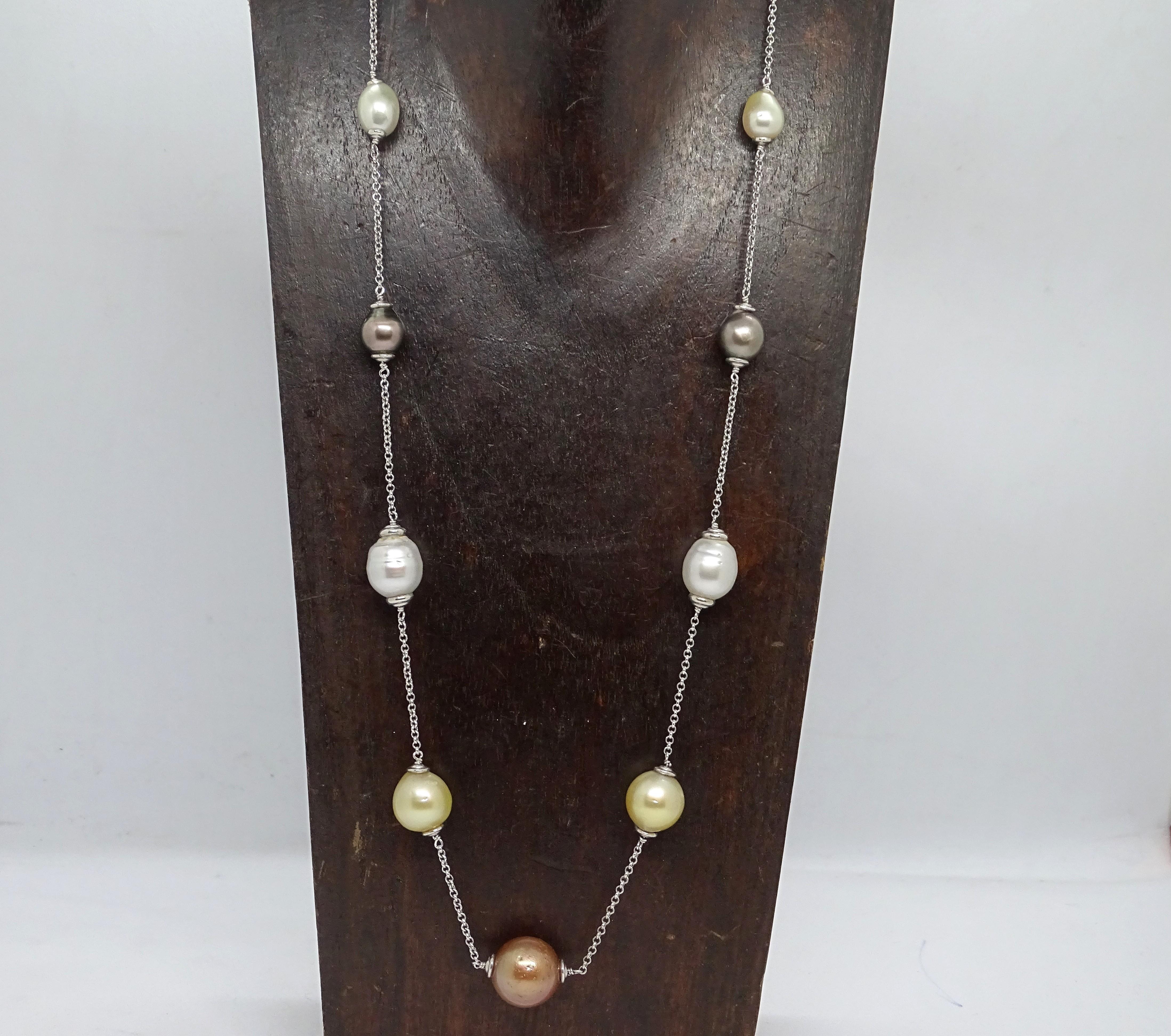 Australian, golden, tahitian and chocolate pearl necklace - white gold chain 4