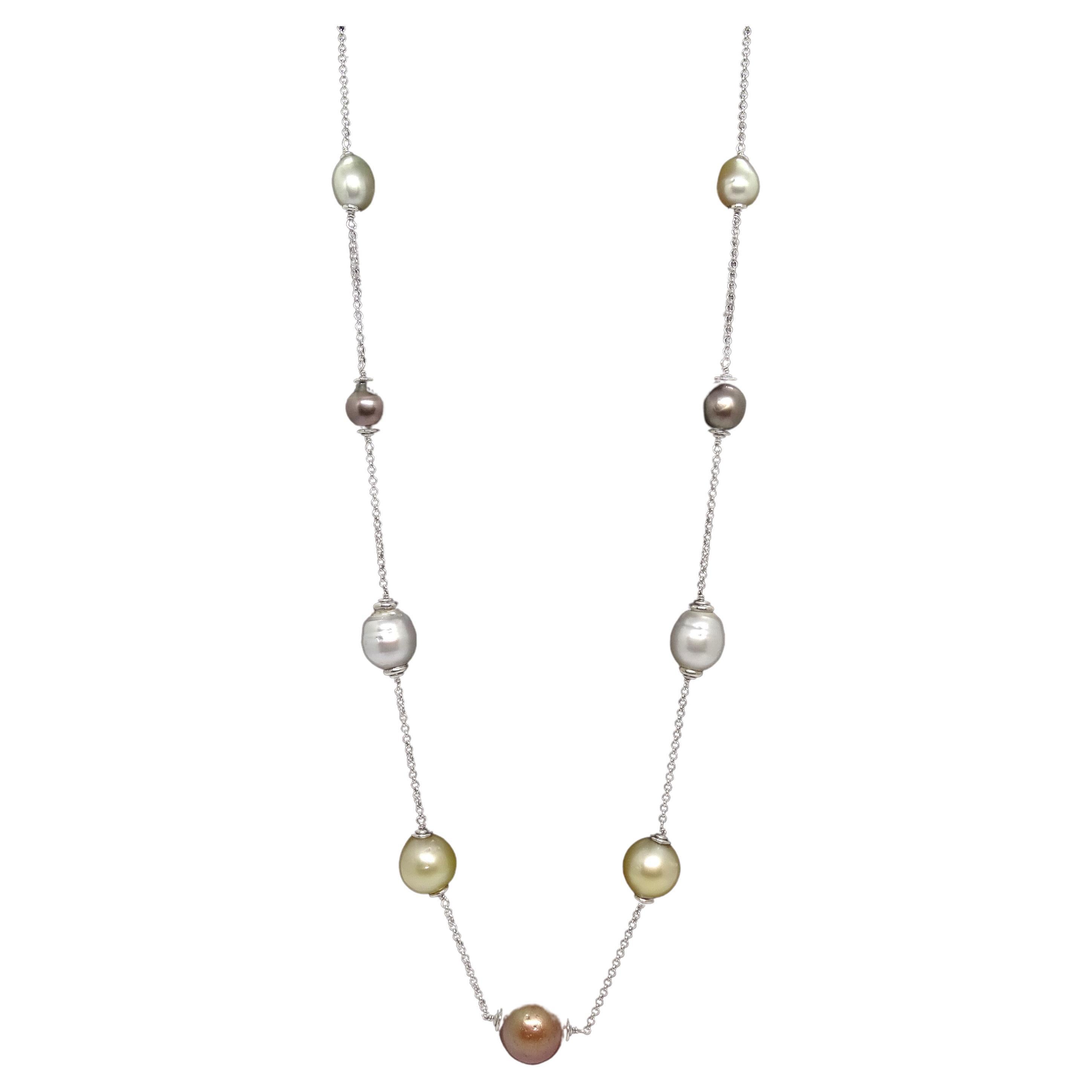 Australian, golden, tahitian and chocolate pearl necklace - white gold chain