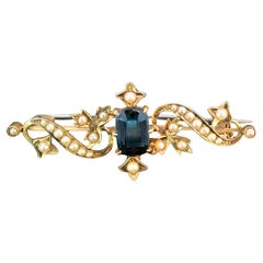 Australian Indicolite Tourmaline & Seed Pearl Bar Brooch Circa 1910