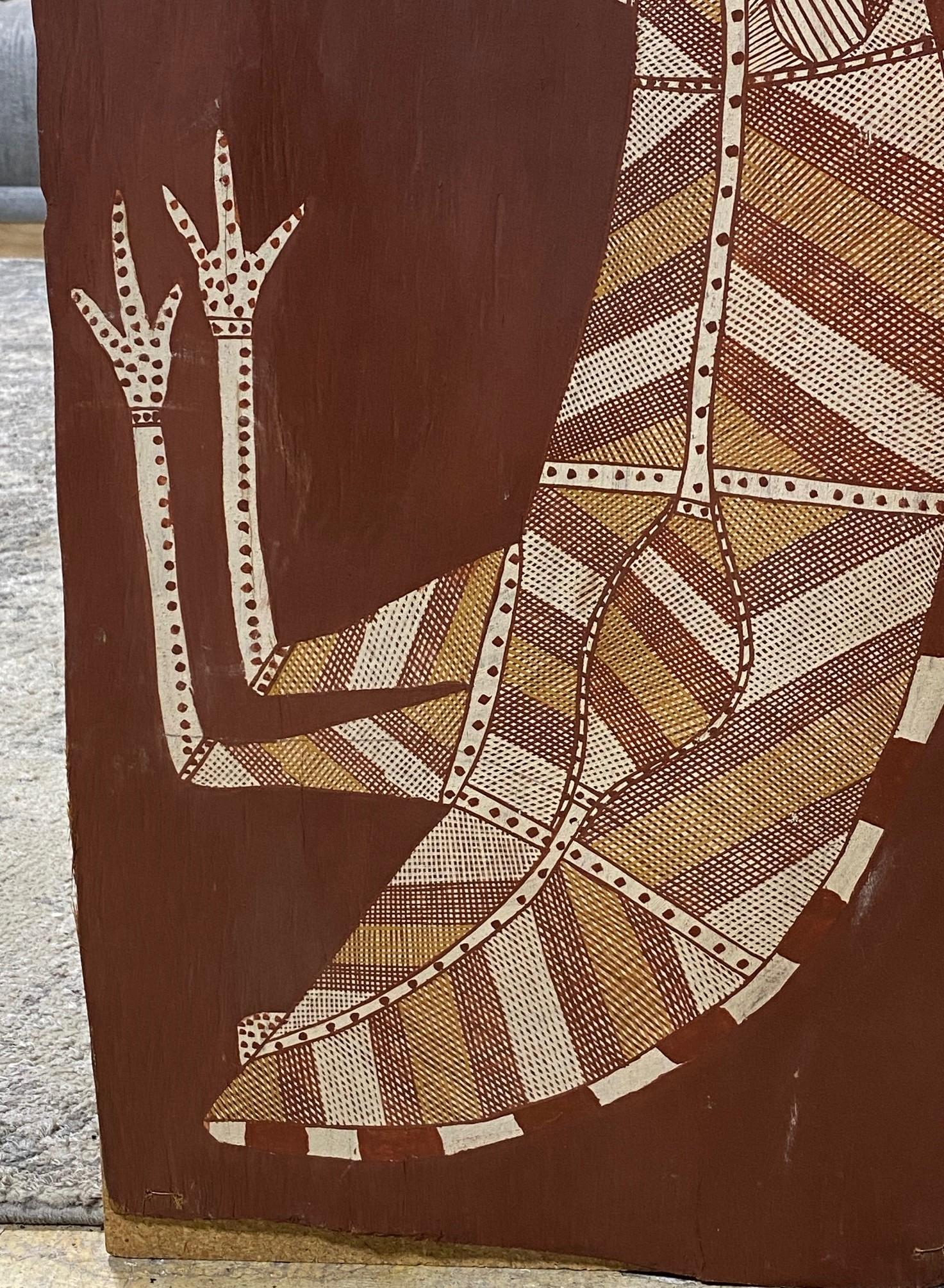 Hand-Painted Australian Indigenous Aboriginal Art Thompson Yulidjirri Emu Bird Bark Painting  For Sale