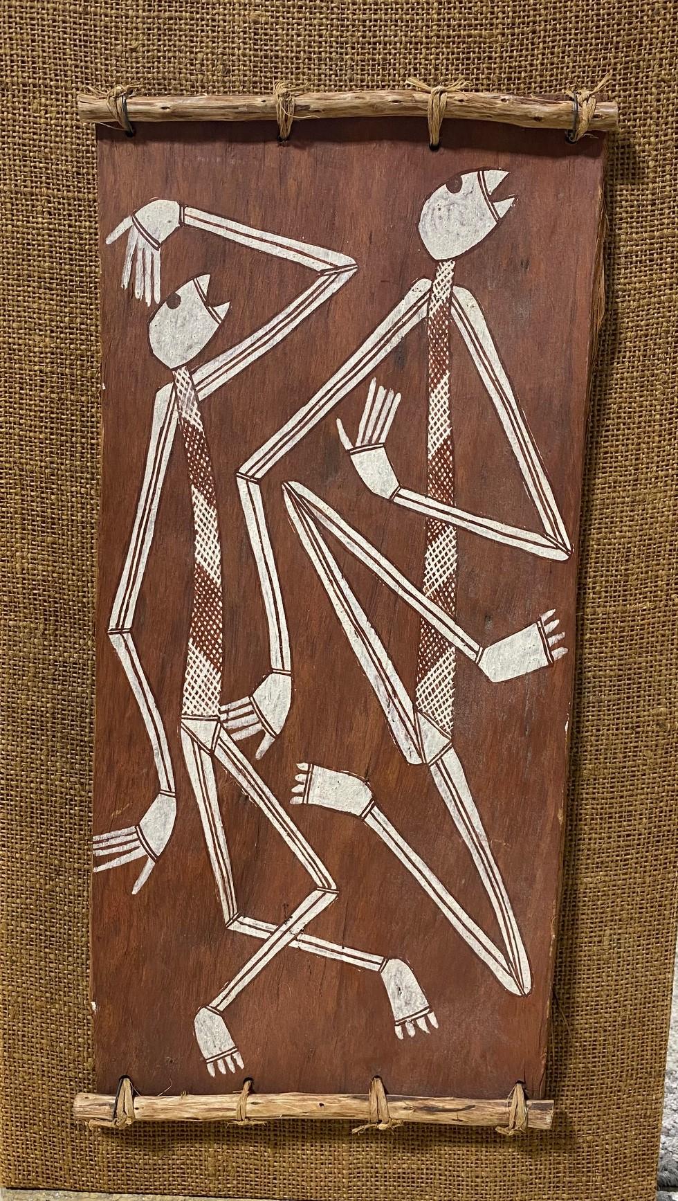 Folk Art Australian Indigenous Aboriginal Art Thompson Yulidjirri Figural Bark Painting  For Sale