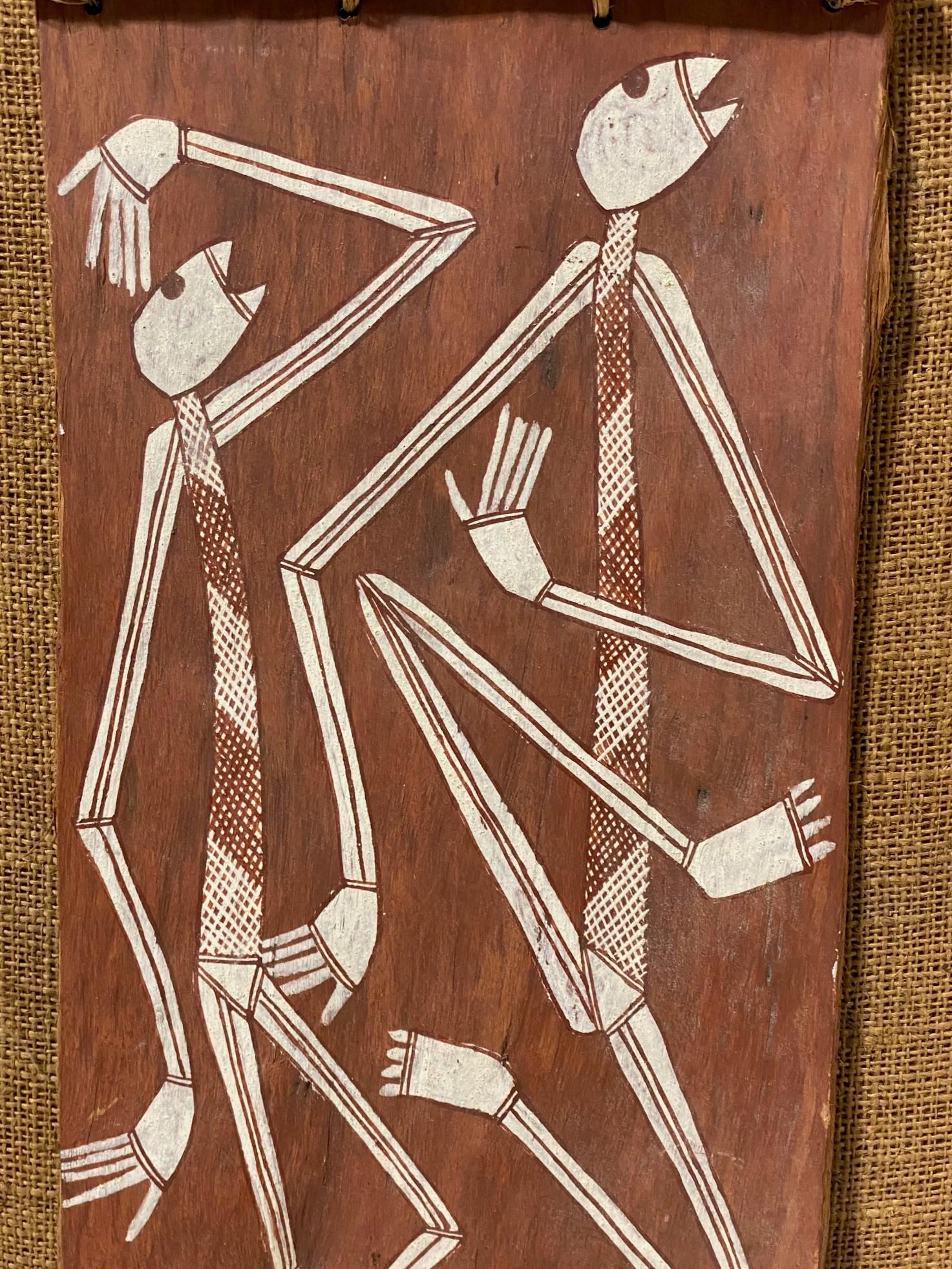 Hand-Painted Australian Indigenous Aboriginal Art Thompson Yulidjirri Figural Bark Painting  For Sale