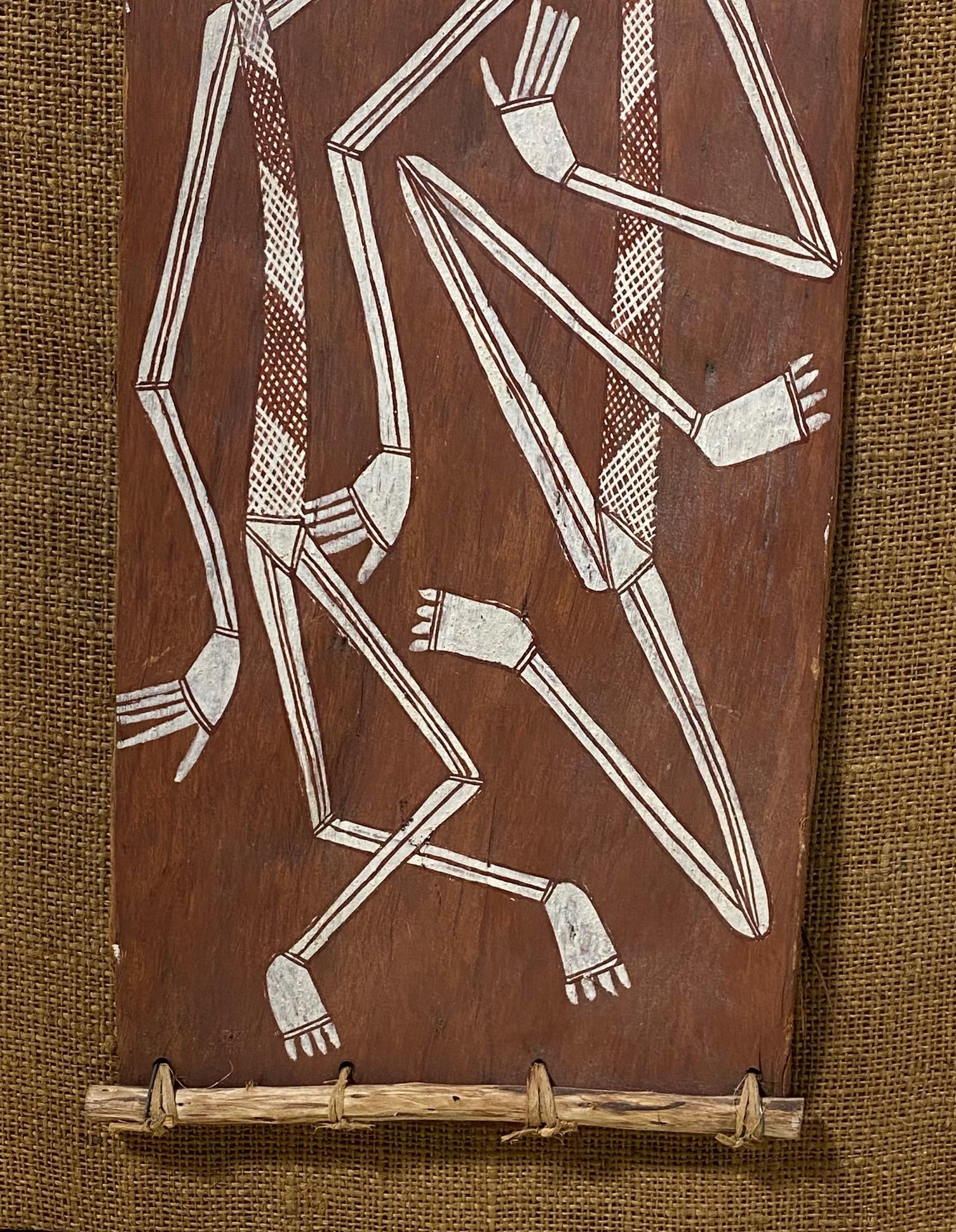 Australian Indigenous Aboriginal Art Thompson Yulidjirri Figural Bark Painting  In Good Condition For Sale In Studio City, CA