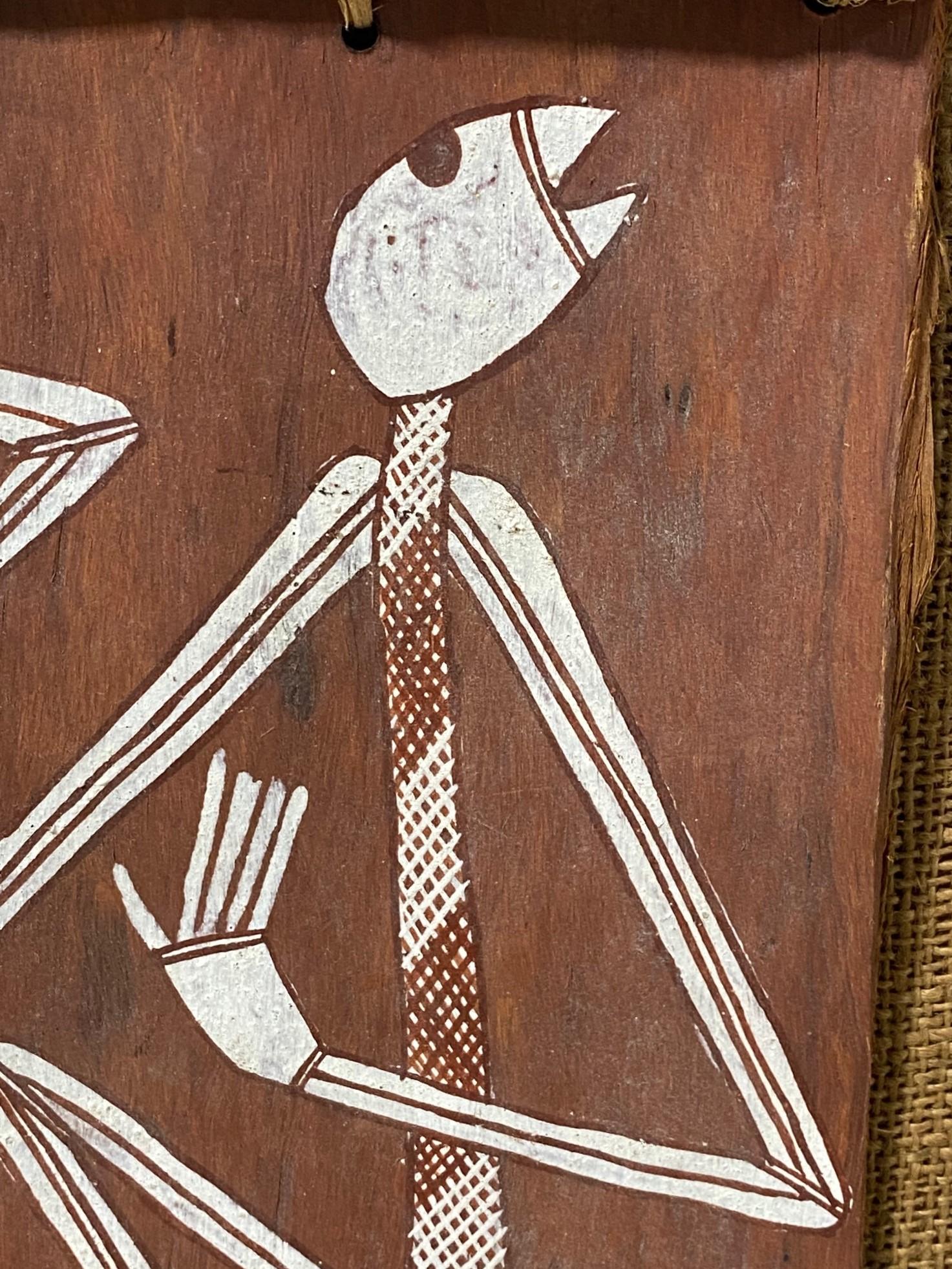 Australian Indigenous Aboriginal Art Thompson Yulidjirri Figural Bark Painting  In Good Condition For Sale In Studio City, CA