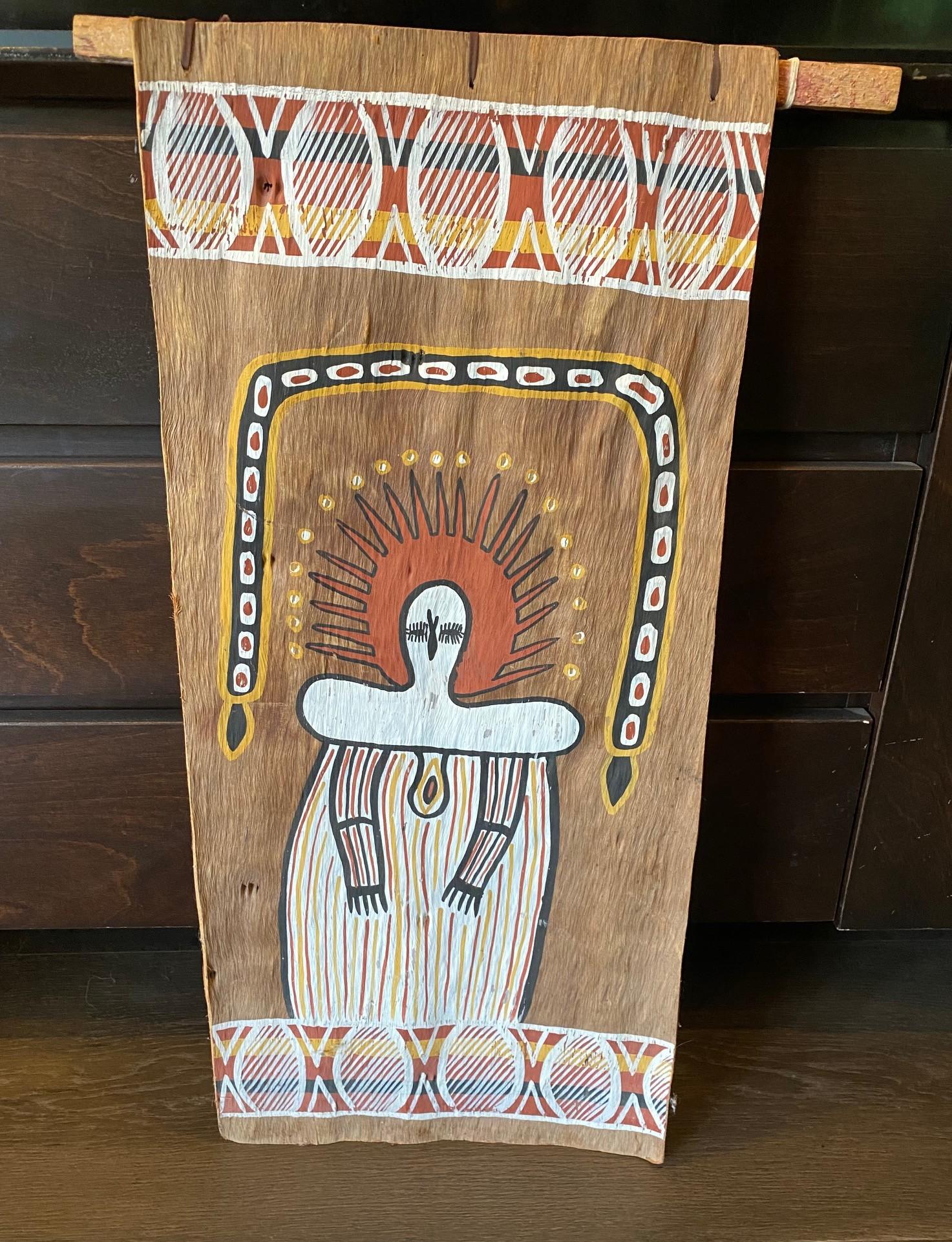 Folk Art Australian Indigenous Aboriginal Art Wandjina Spirit Figure Bark Painting For Sale