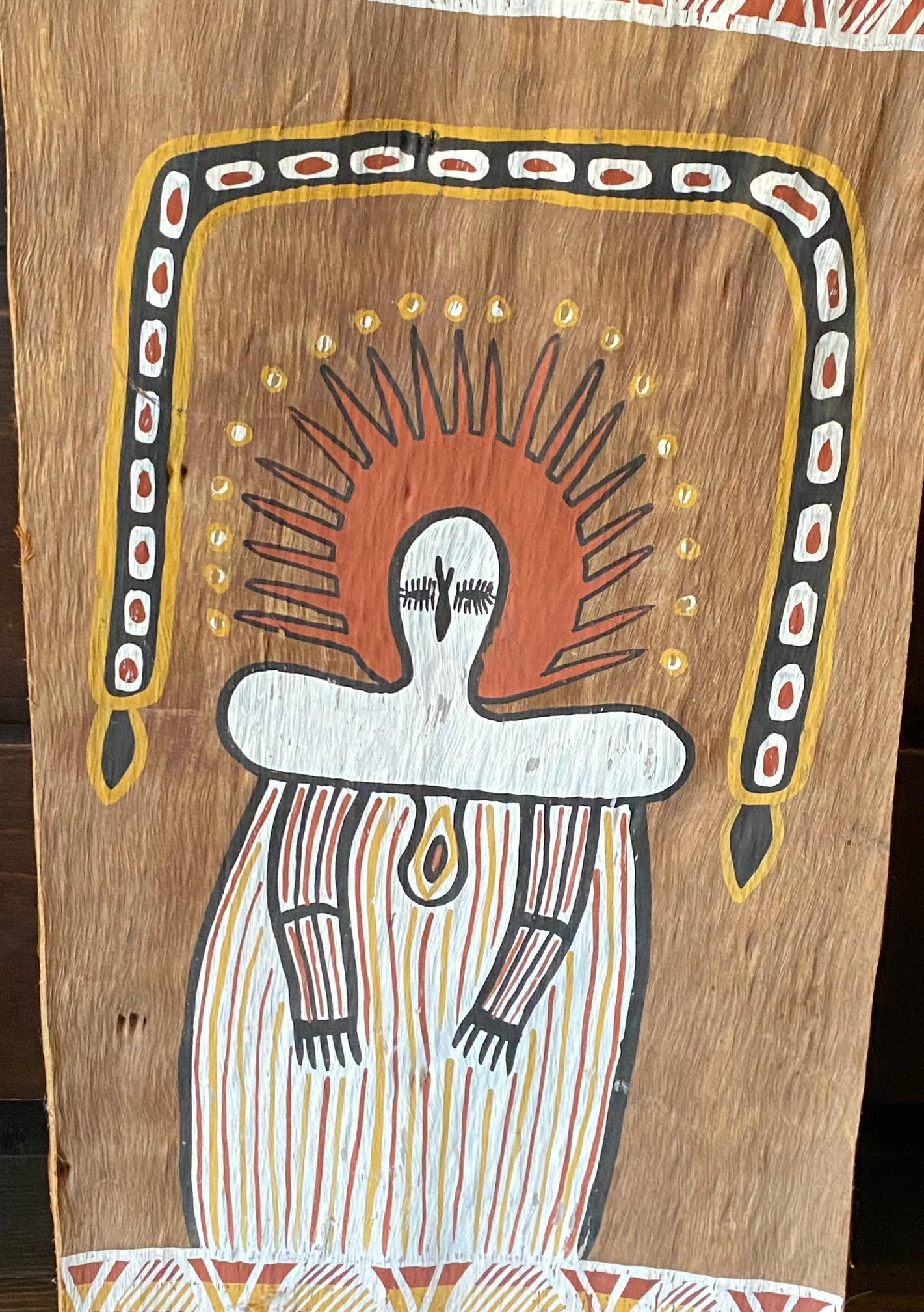 Hand-Crafted Australian Indigenous Aboriginal Art Wandjina Spirit Figure Bark Painting For Sale