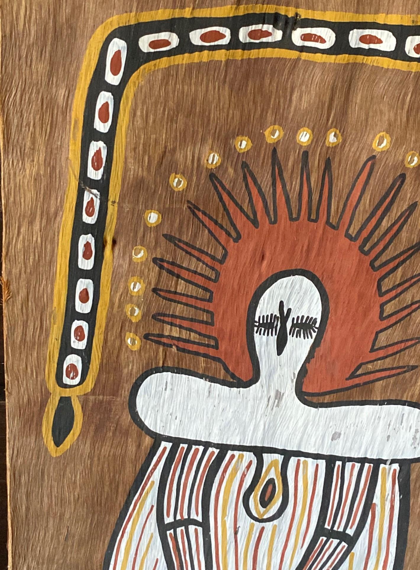 Wood Australian Indigenous Aboriginal Art Wandjina Spirit Figure Bark Painting For Sale