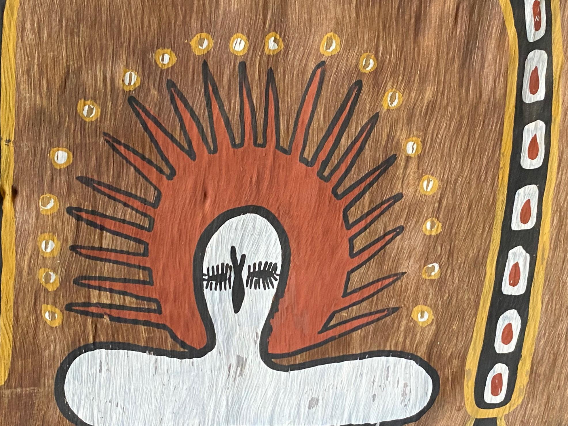 Australian Indigenous Aboriginal Art Wandjina Spirit Figure Bark Painting For Sale 1