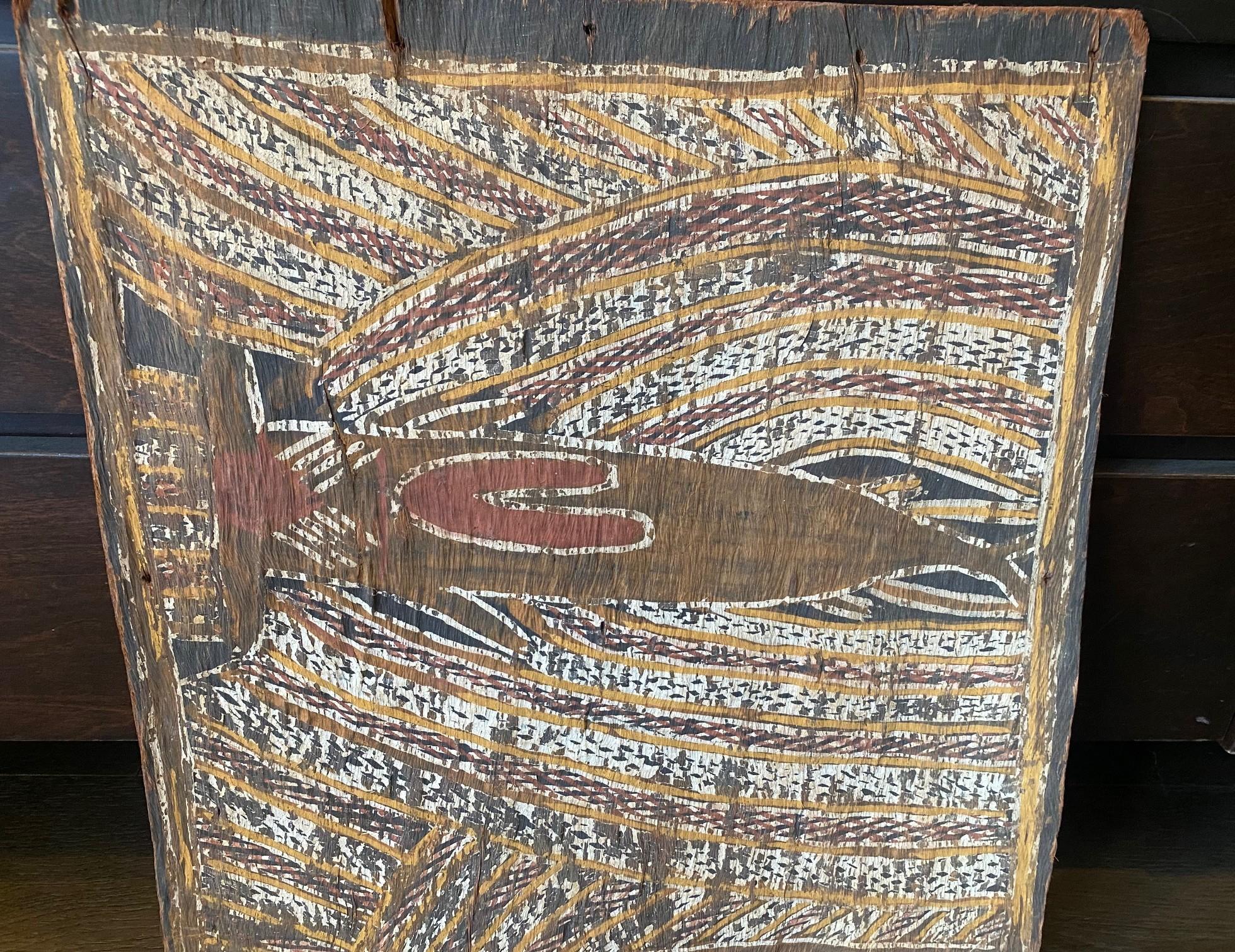Australian Indigenous Aboriginal Art Dreaming Bark Painting with Rainbow Serpent For Sale 10