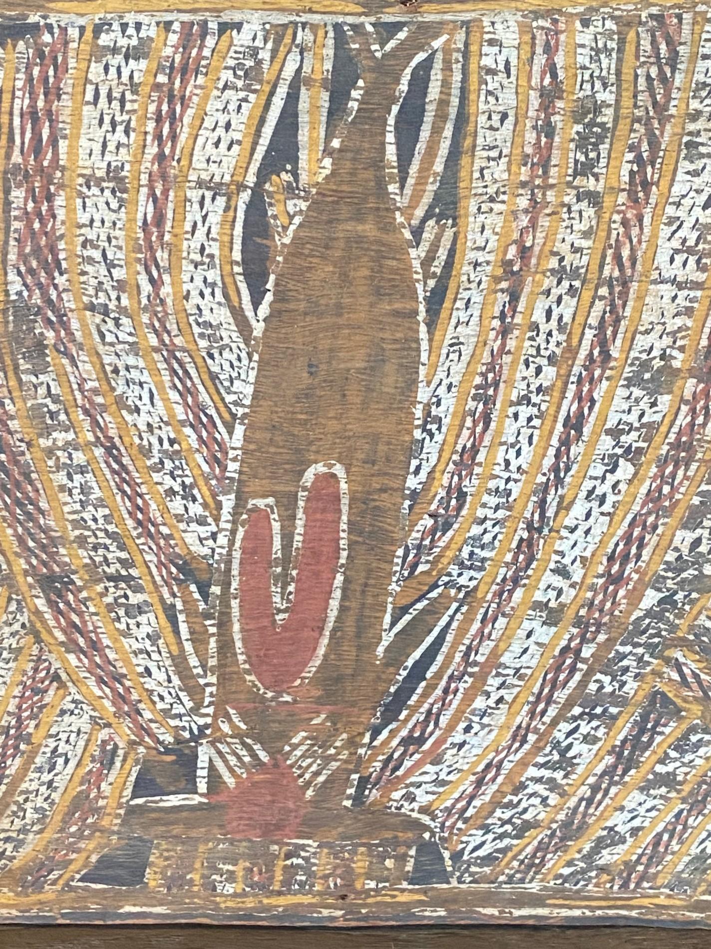 Hand-Crafted Australian Indigenous Aboriginal Art Dreaming Bark Painting with Rainbow Serpent For Sale