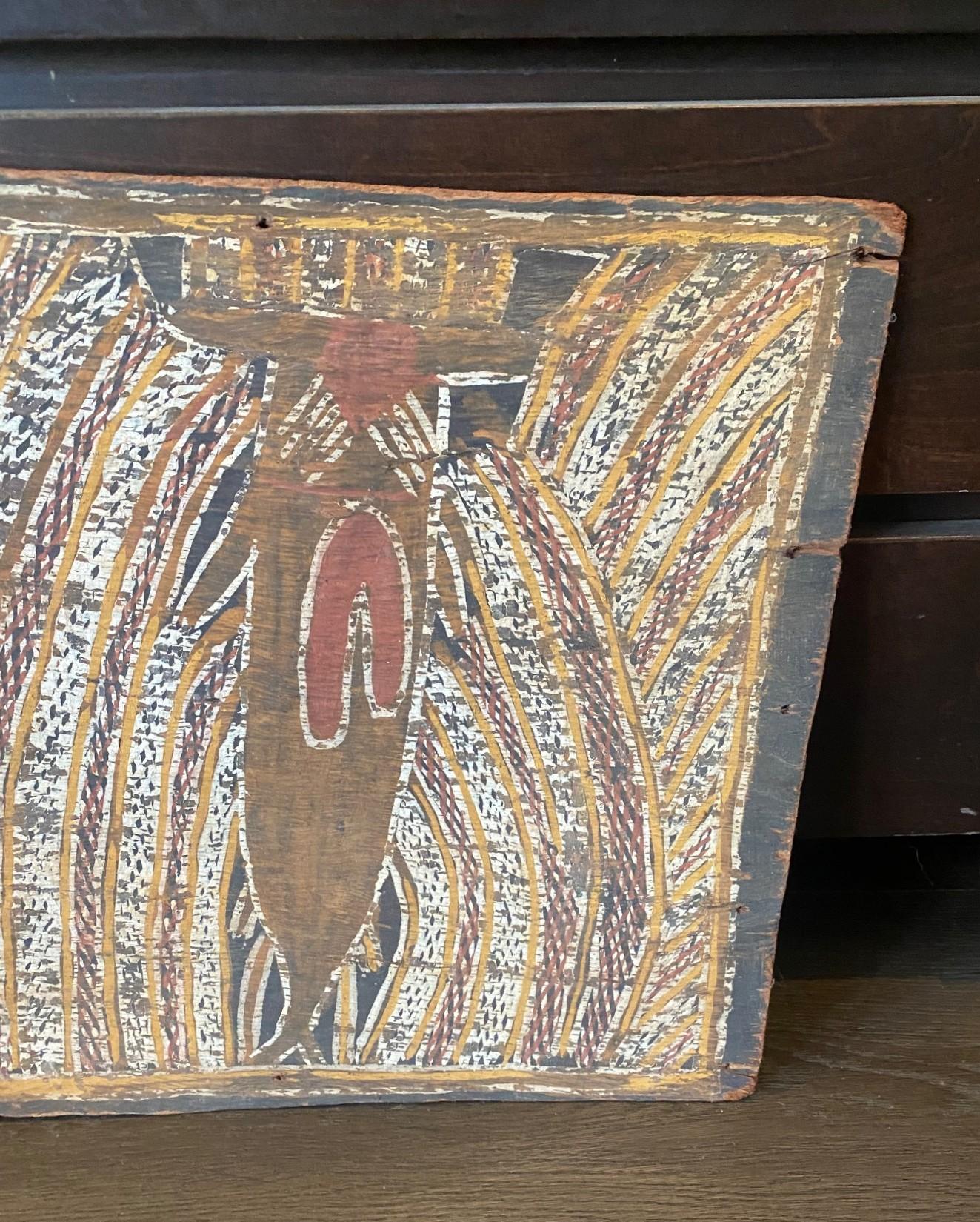 Australian Indigenous Aboriginal Art Dreaming Bark Painting with Rainbow Serpent In Good Condition For Sale In Studio City, CA