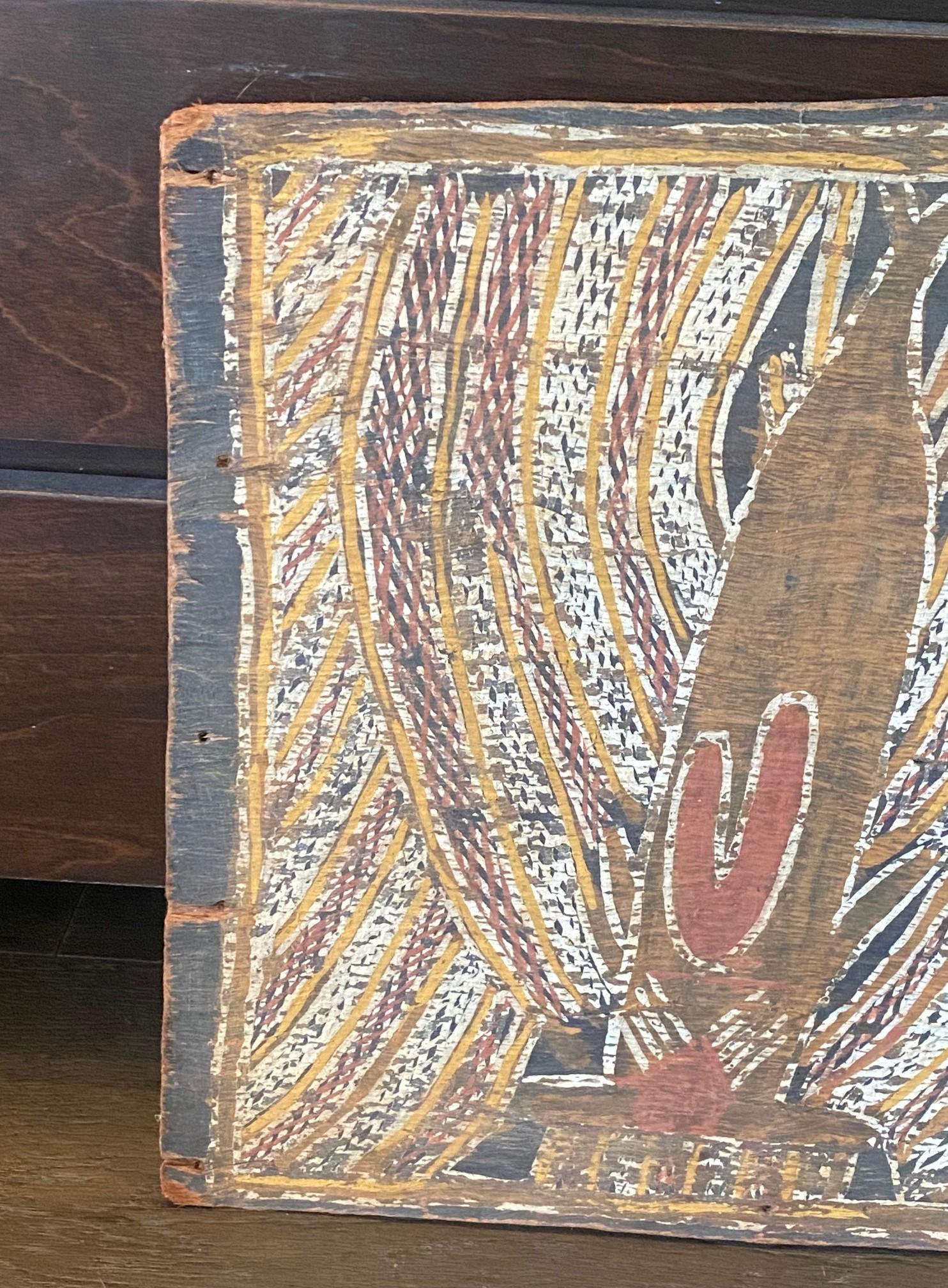 Wood Australian Indigenous Aboriginal Art Dreaming Bark Painting with Rainbow Serpent For Sale
