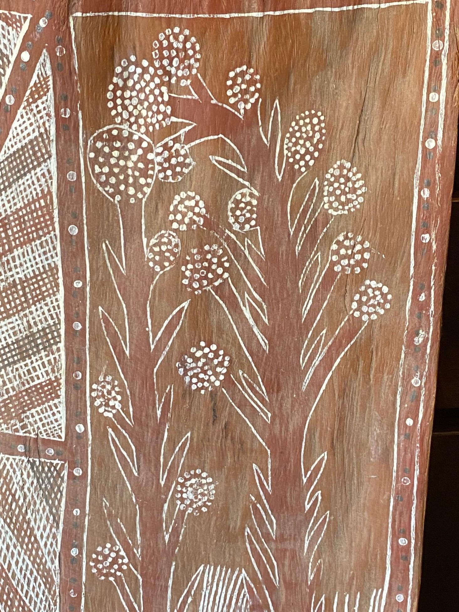 Australien Art aborigène australien signé Fleur d'arbre Paysage Peinture d'écorce en vente