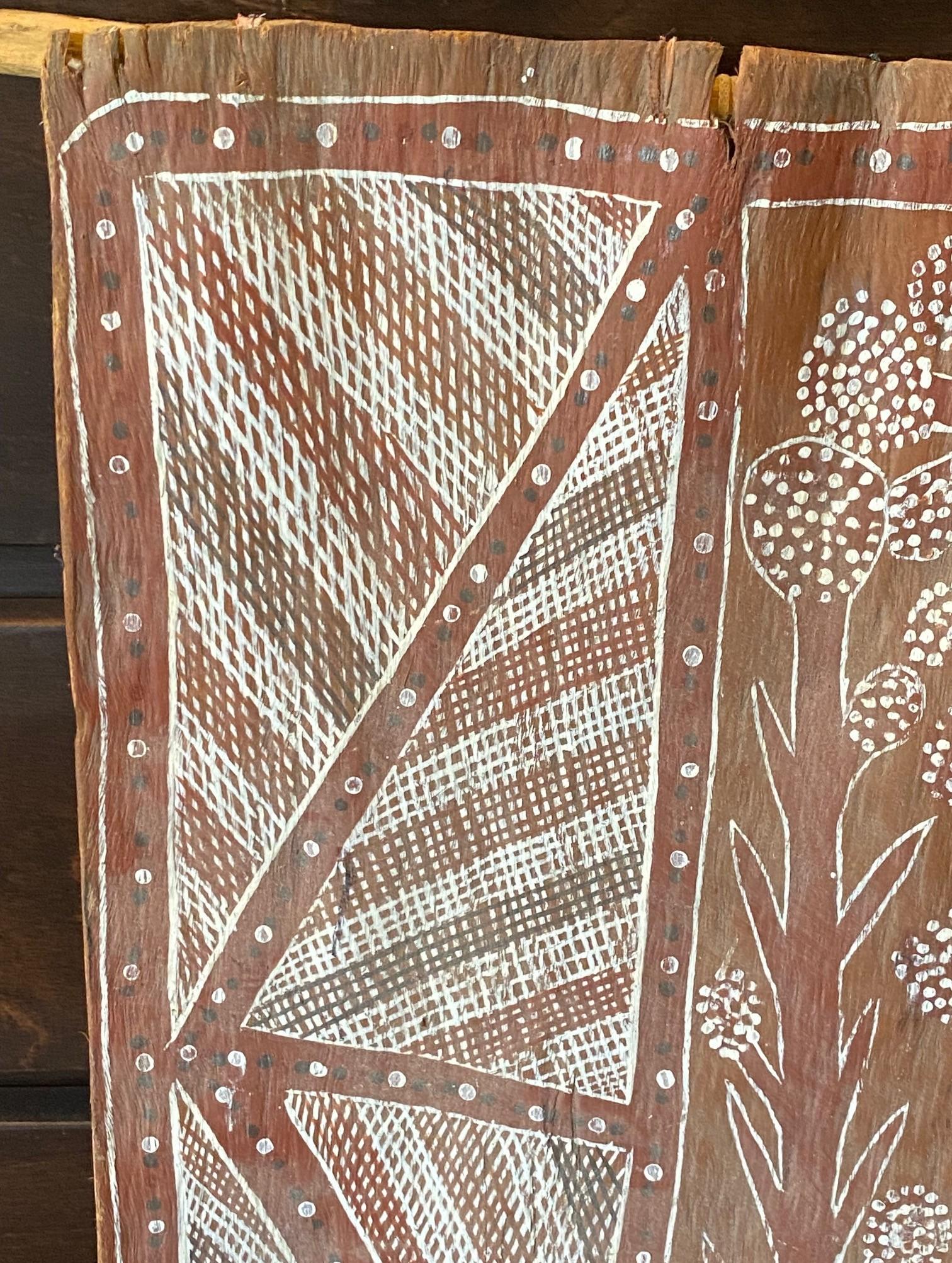 20ième siècle Art aborigène australien signé Fleur d'arbre Paysage Peinture d'écorce en vente