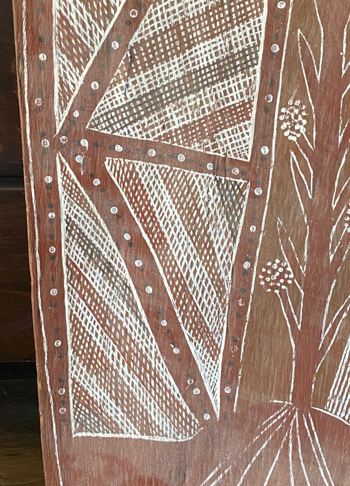 Bois Art aborigène australien signé Fleur d'arbre Paysage Peinture d'écorce en vente