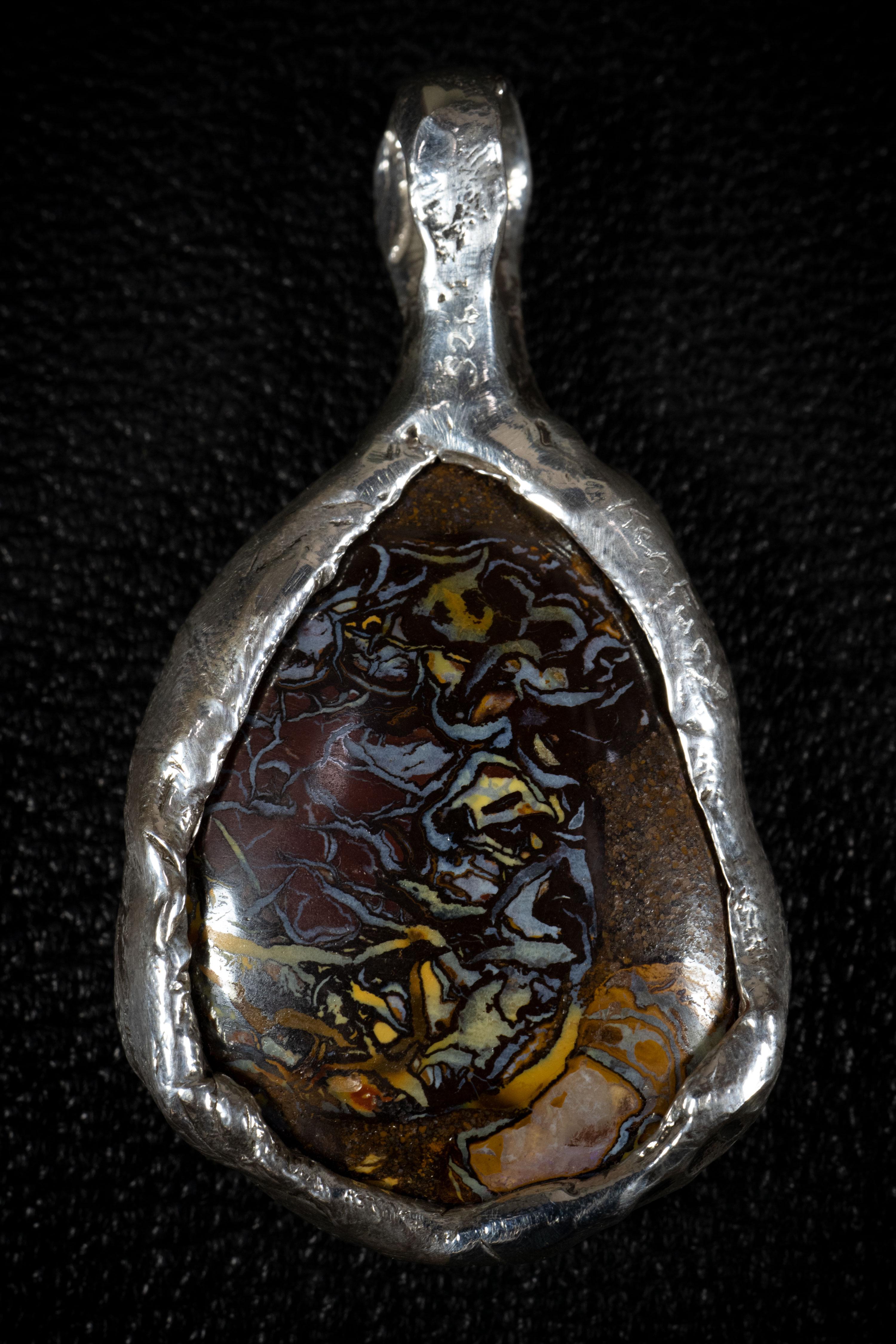 Cabochon Australian Koroit Black Boulder Opal Sterling Silver Pendant by Ken Fury For Sale