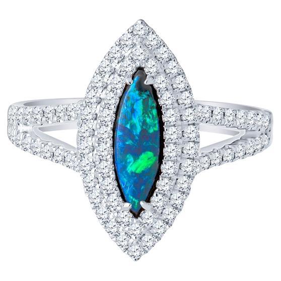 Australian Lightning Ridge Marquise Shaped Opal & Double Halo Diamond Ring