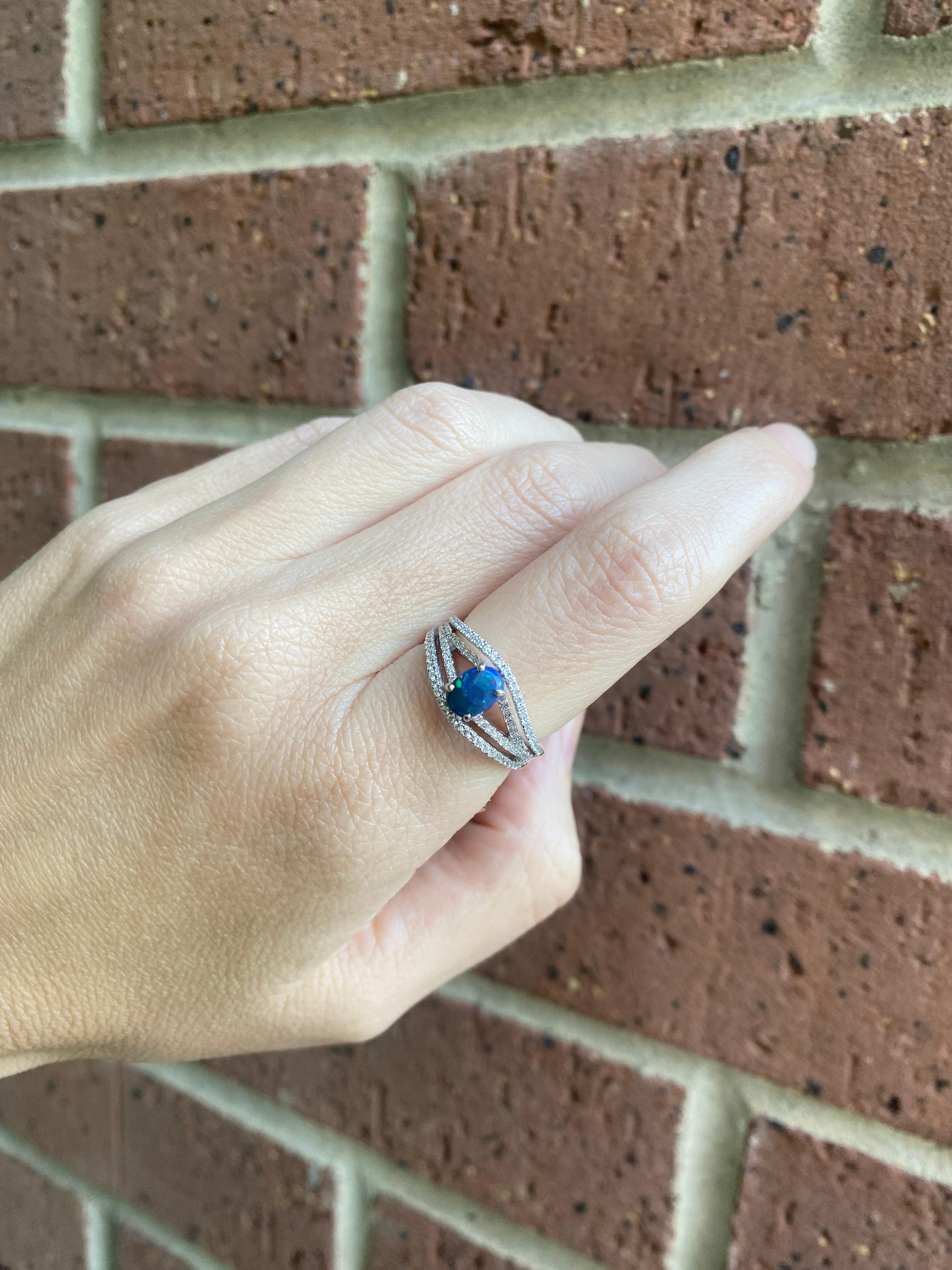 Australian Lightning Ridge Oval Blue Opal and Diamond 18 Karat White Gold Ring In New Condition For Sale In Houston, TX