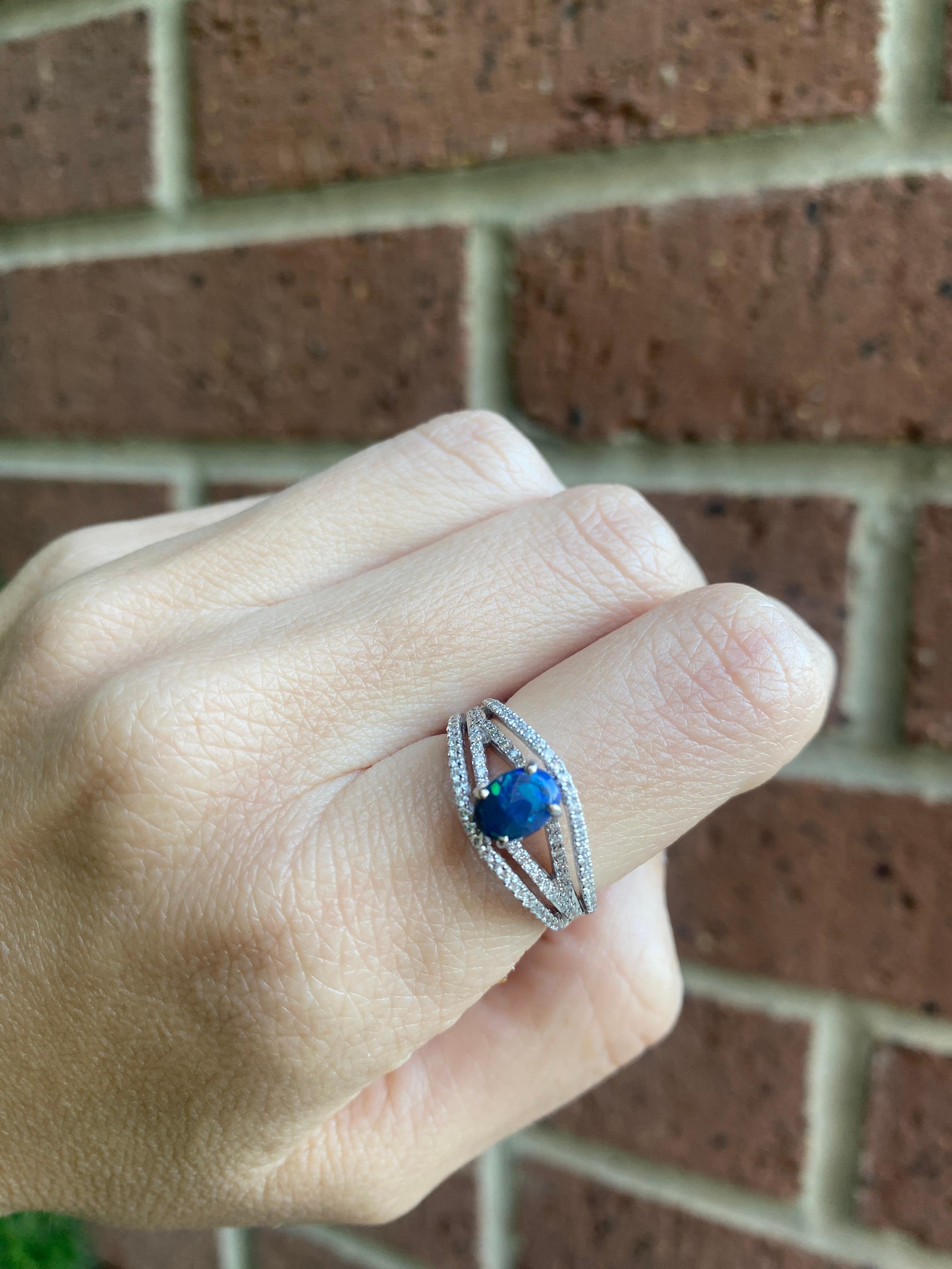 Women's or Men's Australian Lightning Ridge Oval Blue Opal and Diamond 18 Karat White Gold Ring For Sale