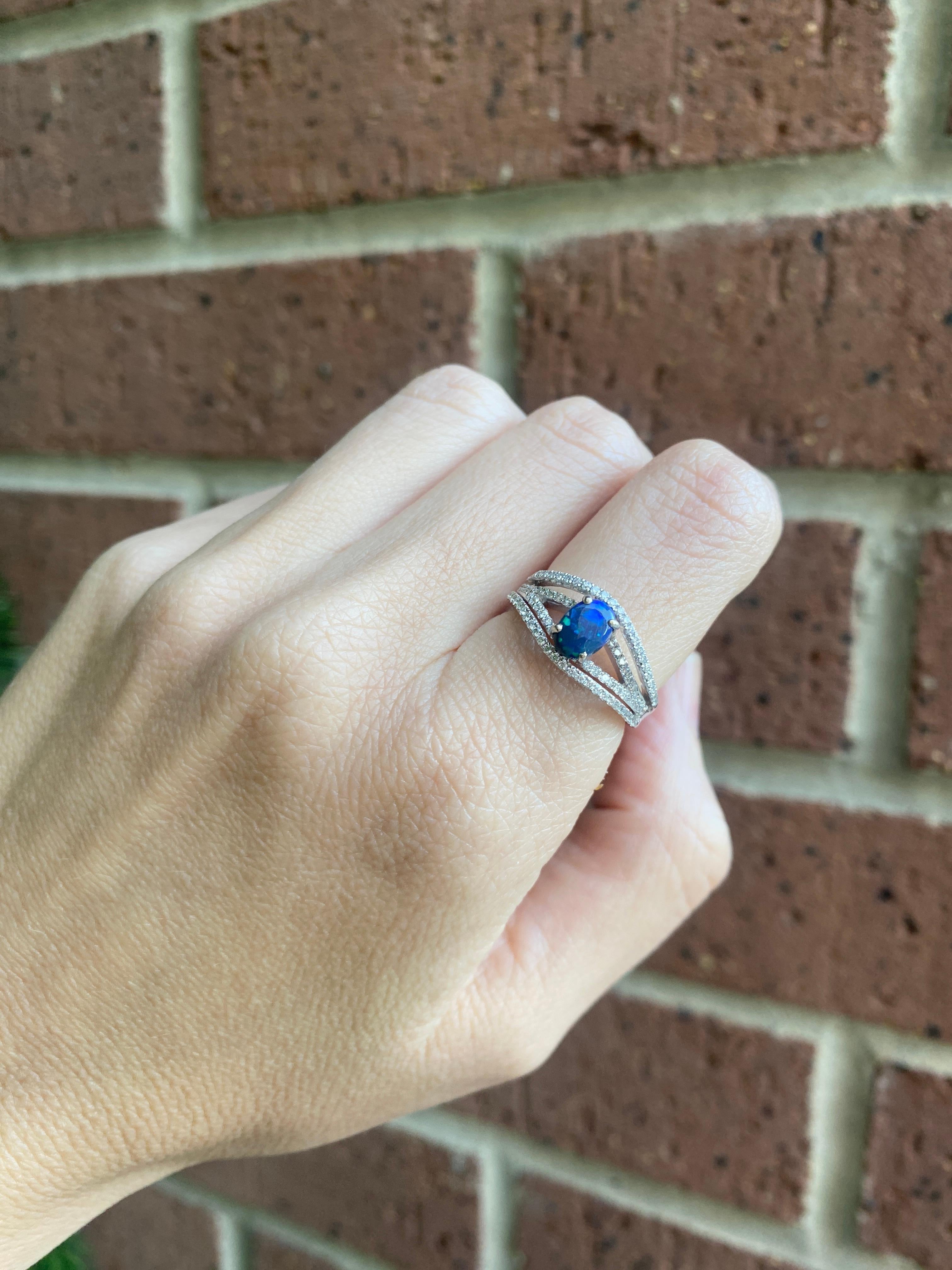 Australian Lightning Ridge Oval Blue Opal and Diamond 18 Karat White Gold Ring For Sale 1