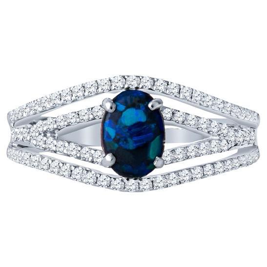 Australian Lightning Ridge Oval Blue Opal and Diamond 18 Karat White Gold Ring