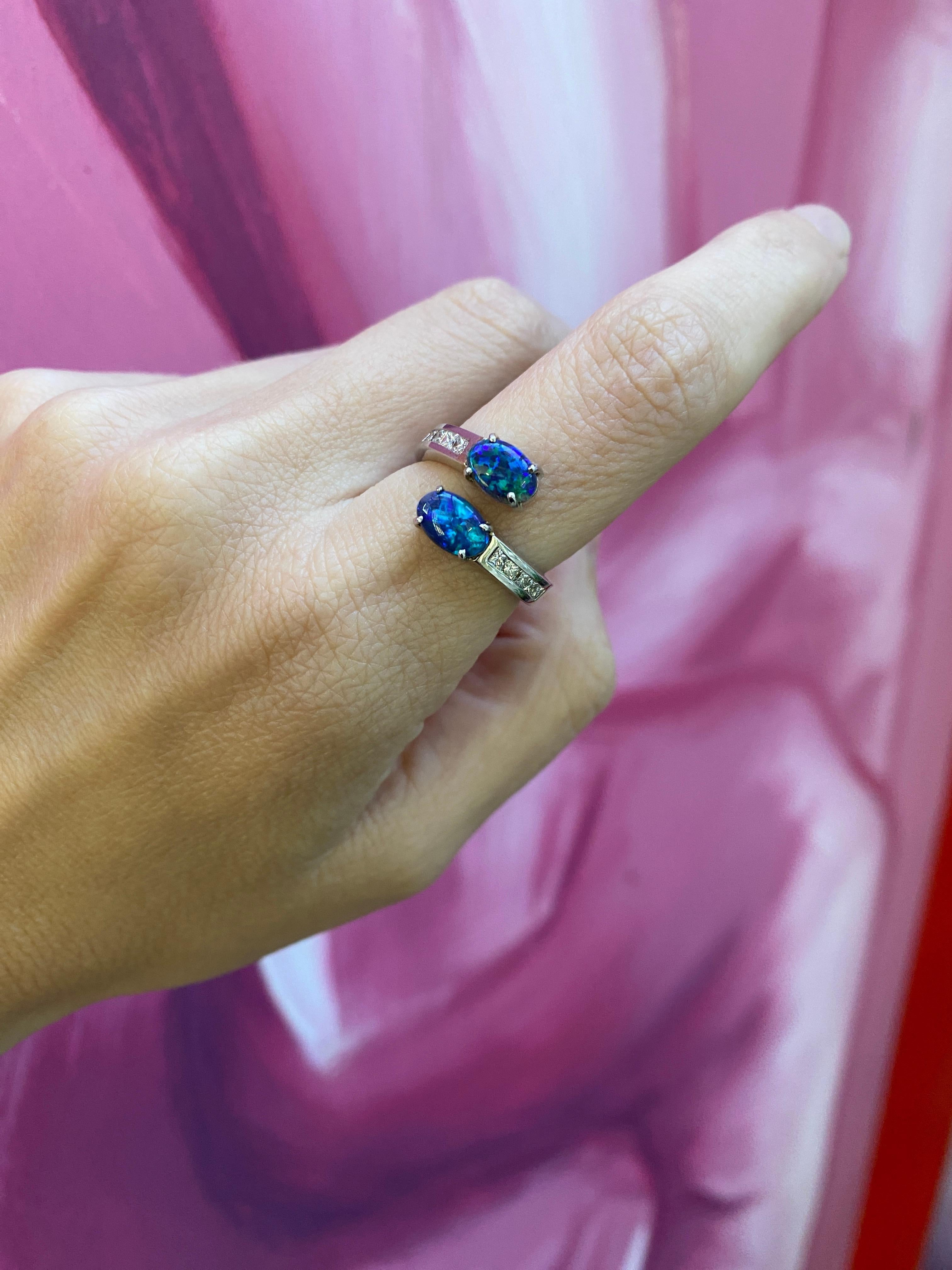 Australian Lightning Ridge Oval Opal 18 Karat White Gold Bypass Ring For Sale 6