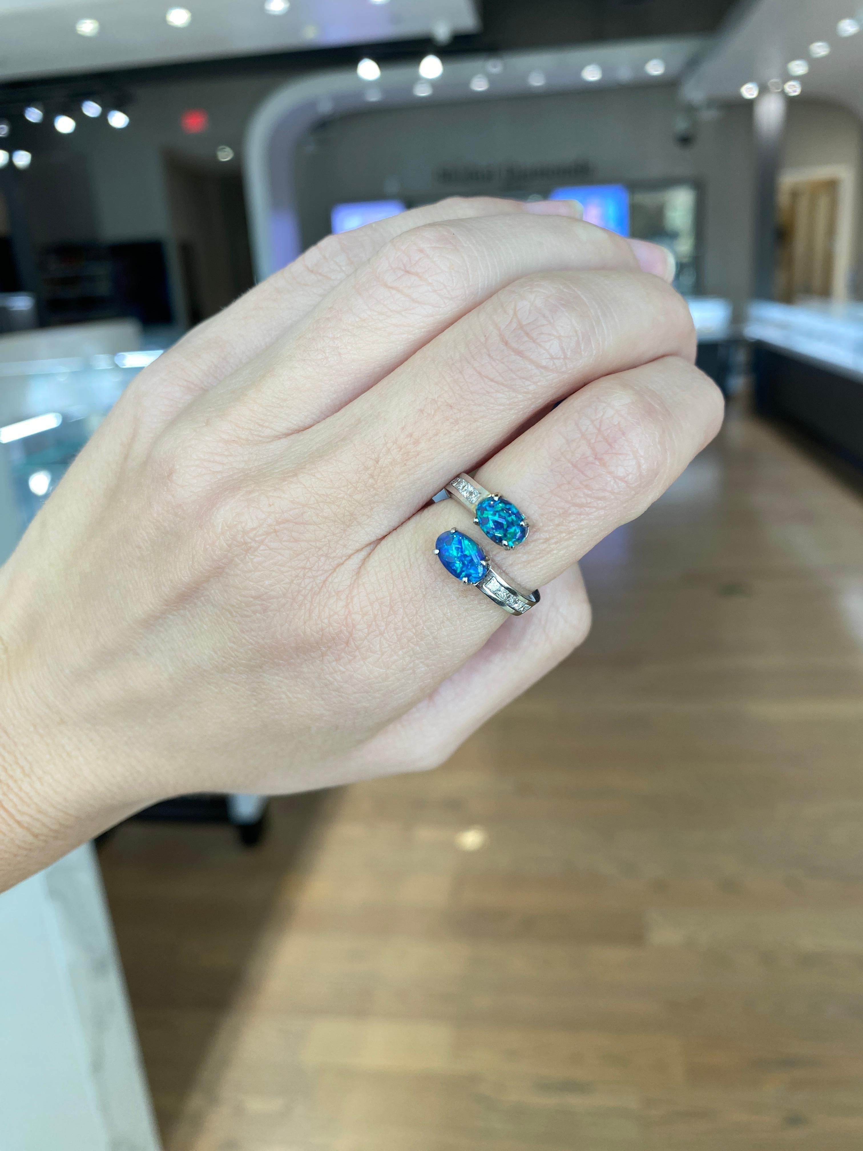 Australian Lightning Ridge Oval Opal 18 Karat White Gold Bypass Ring In New Condition For Sale In Houston, TX