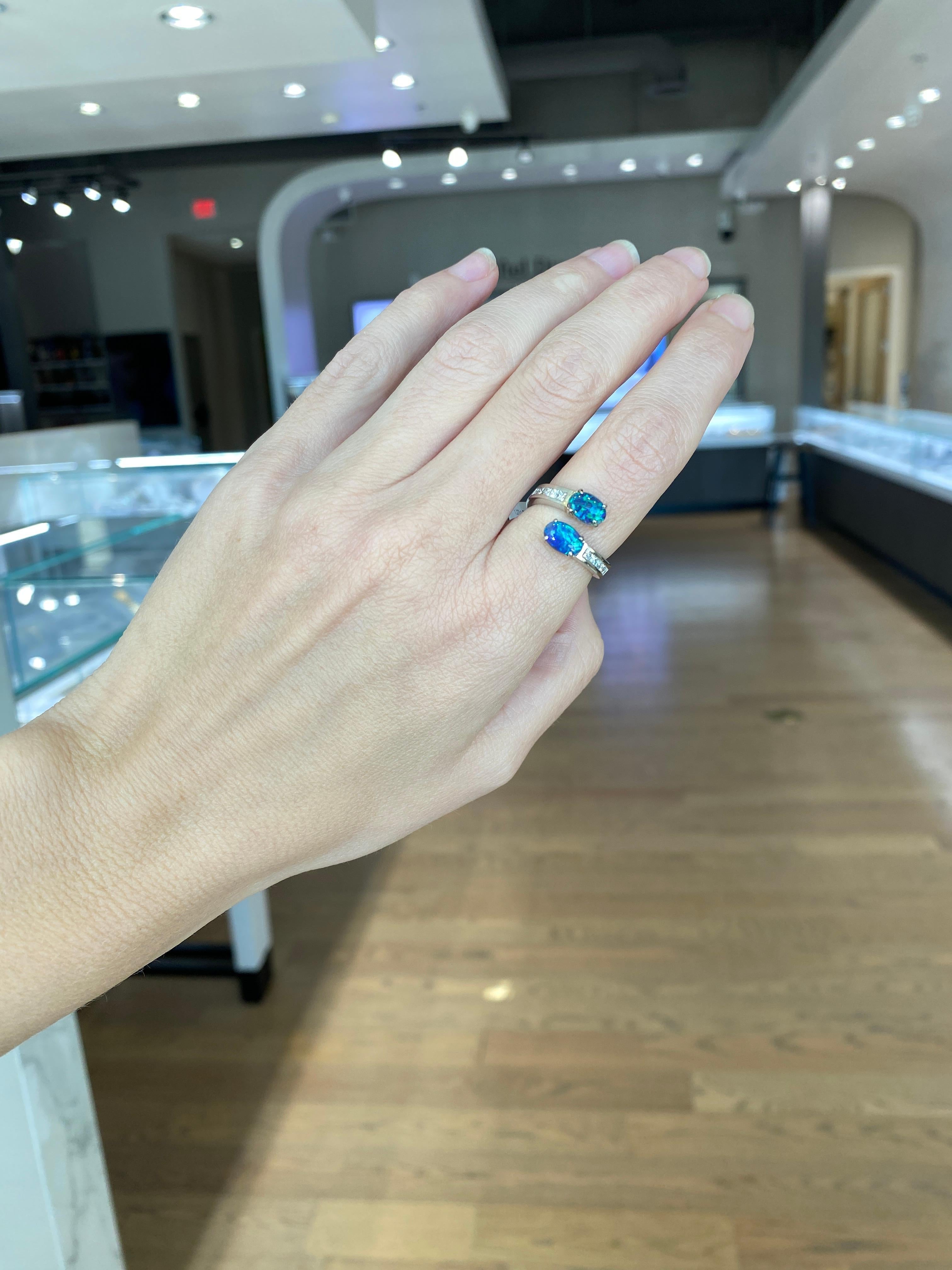 Women's or Men's Australian Lightning Ridge Oval Opal 18 Karat White Gold Bypass Ring For Sale