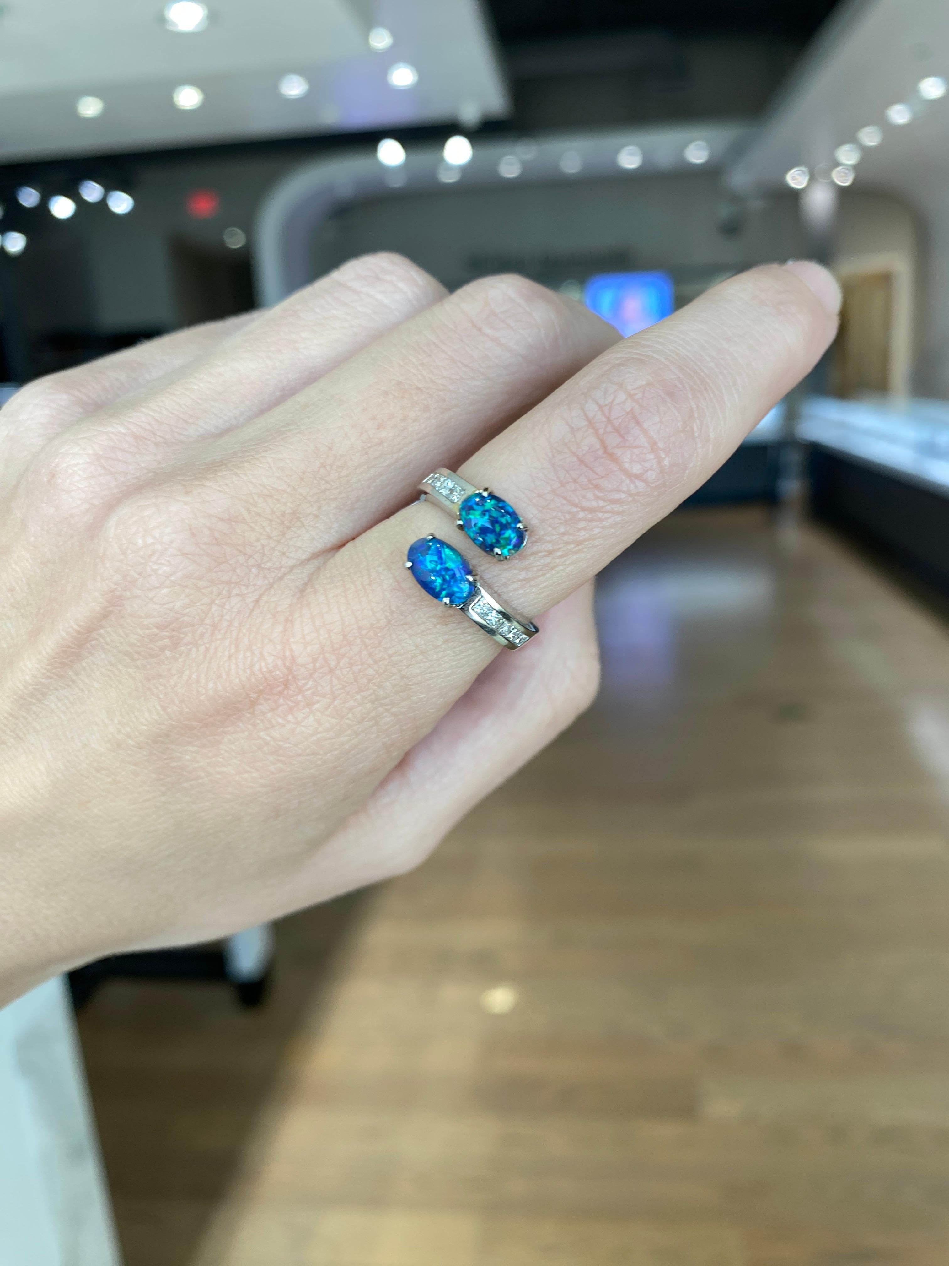 Australian Lightning Ridge Oval Opal 18 Karat White Gold Bypass Ring For Sale 2