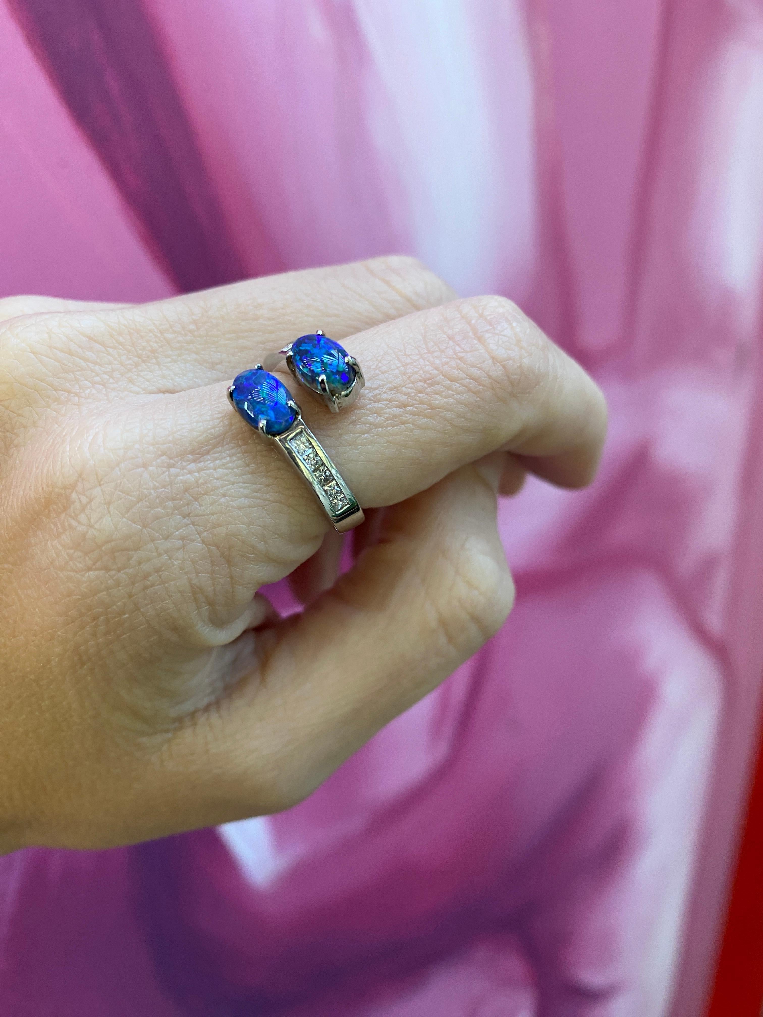 Australian Lightning Ridge Oval Opal 18 Karat White Gold Bypass Ring For Sale 3