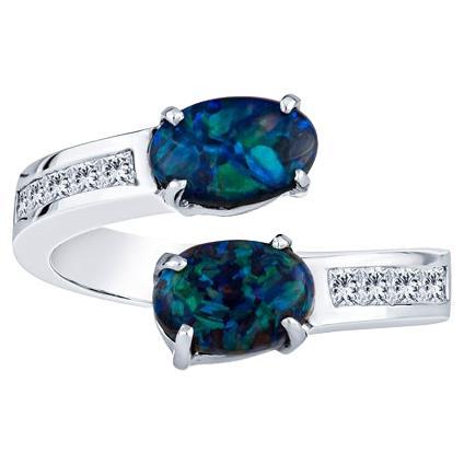 Australian Lightning Ridge Oval Opal 18 Karat White Gold Bypass Ring For Sale