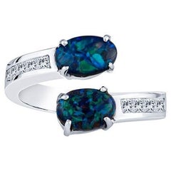 Australian Lightning Ridge Oval Opal 18 Karat White Gold Bypass Ring