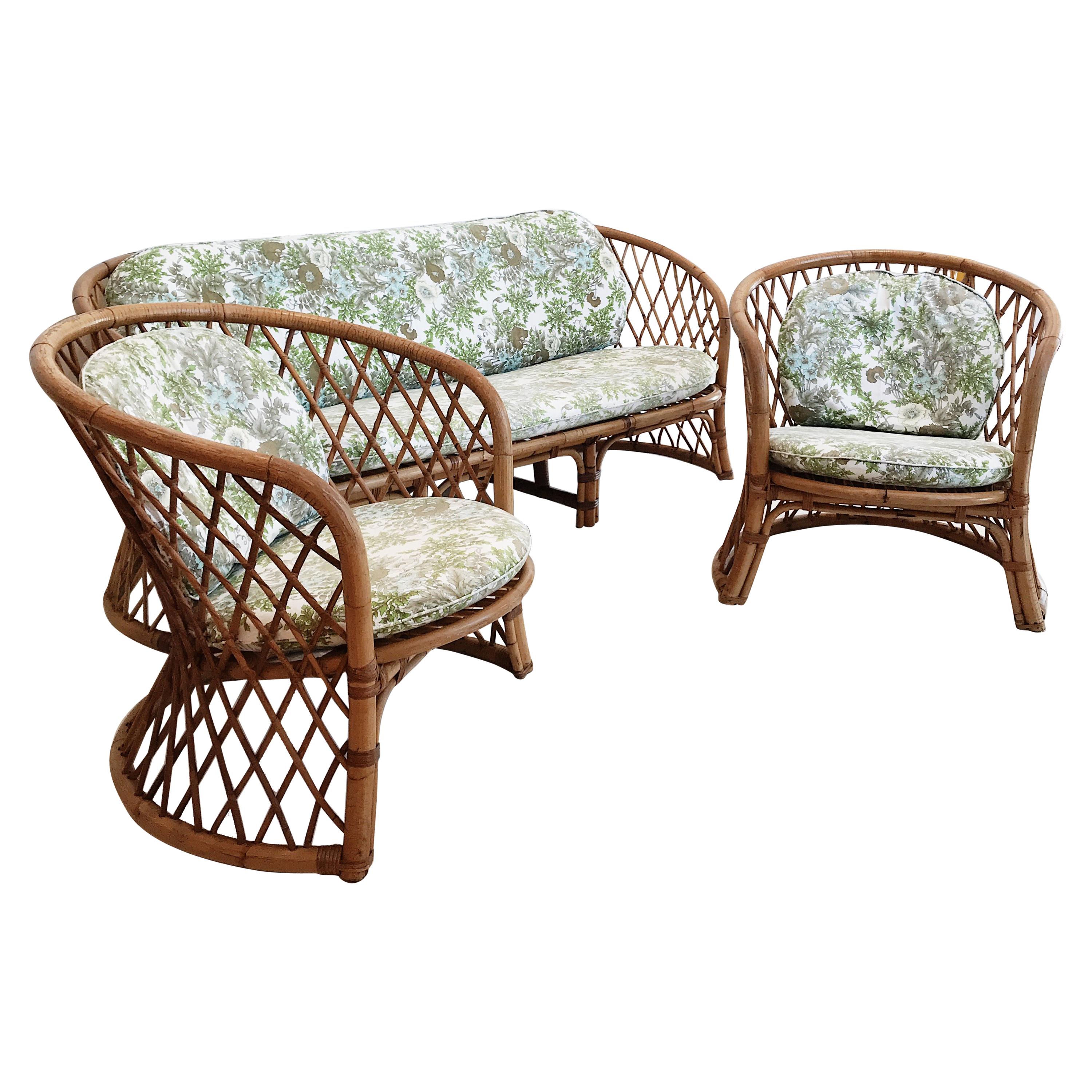 Australian Midcentury Tiki Holiday Three-Piece Rattan Native Flora Lounge Suite