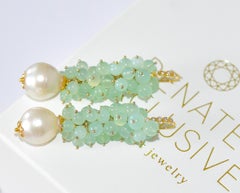 Australian Mint Green Chrysoprase, South Sea Pearl Earrings in 14K Solid Gold