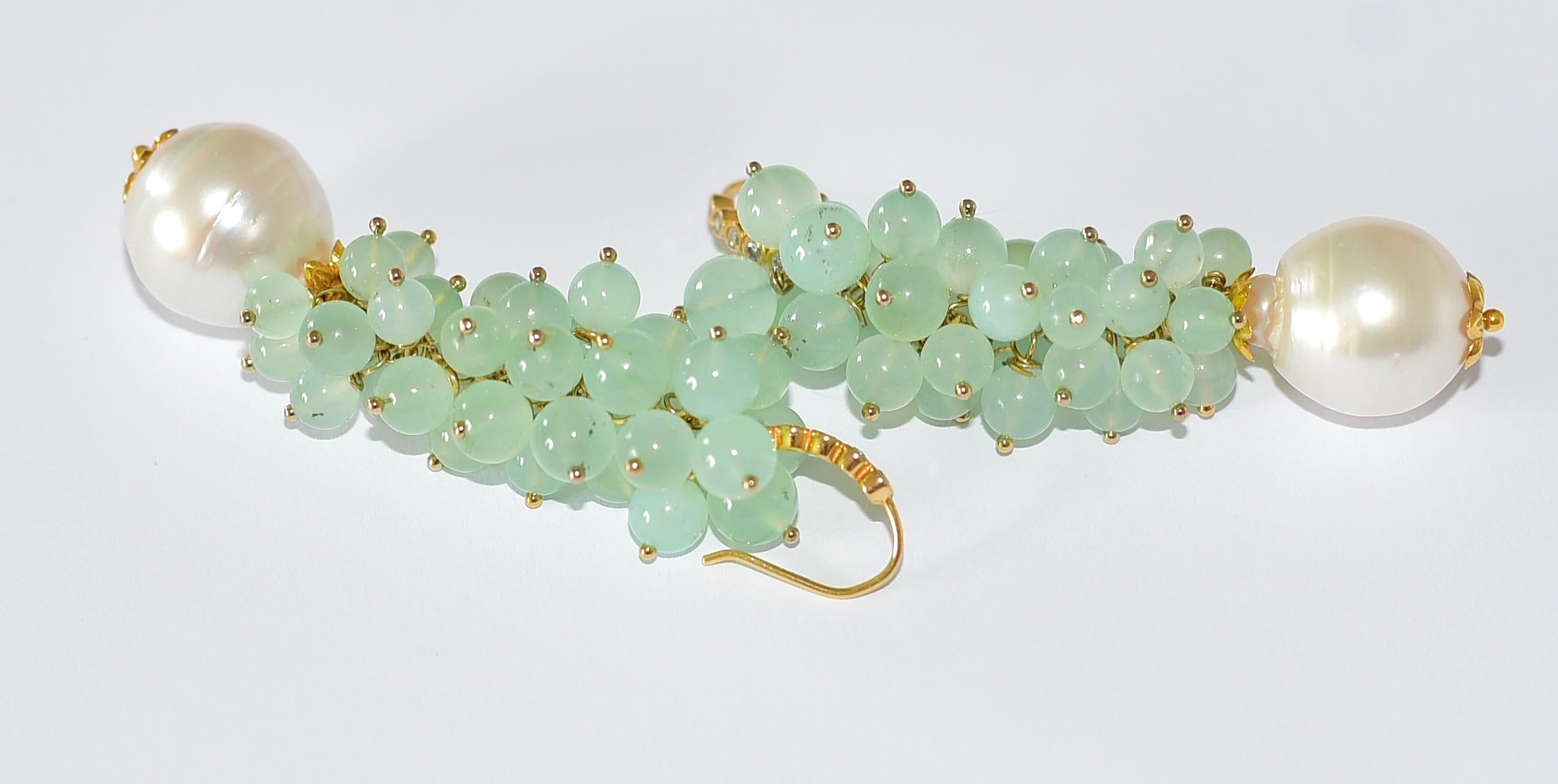 Australian Mint Green Chrysoprase, South Sea Pearl Earrings in 14K Solid Gold In New Condition For Sale In Astoria, NY