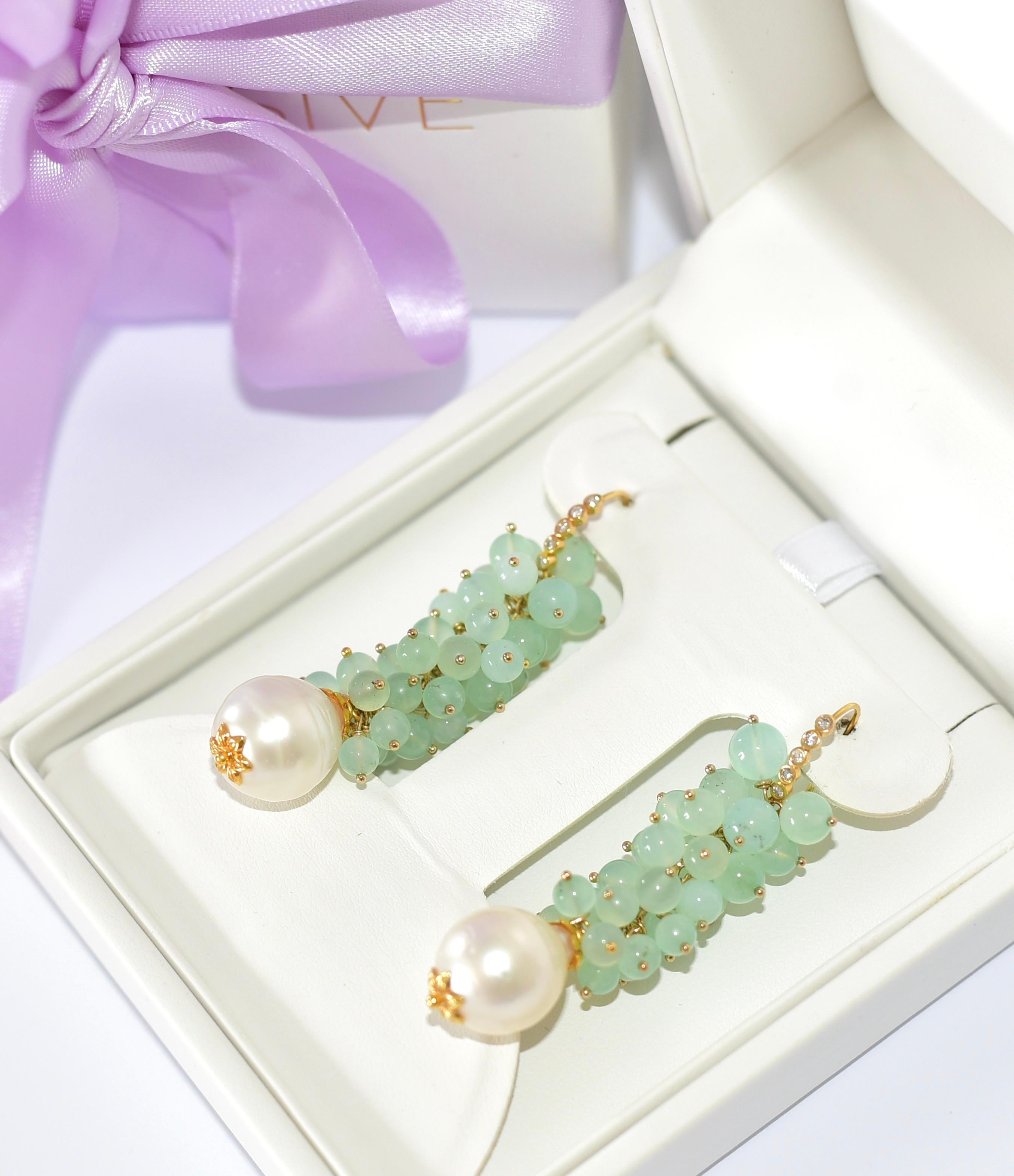 Women's Australian Mint Green Chrysoprase, South Sea Pearl Earrings in 14K Solid Gold For Sale