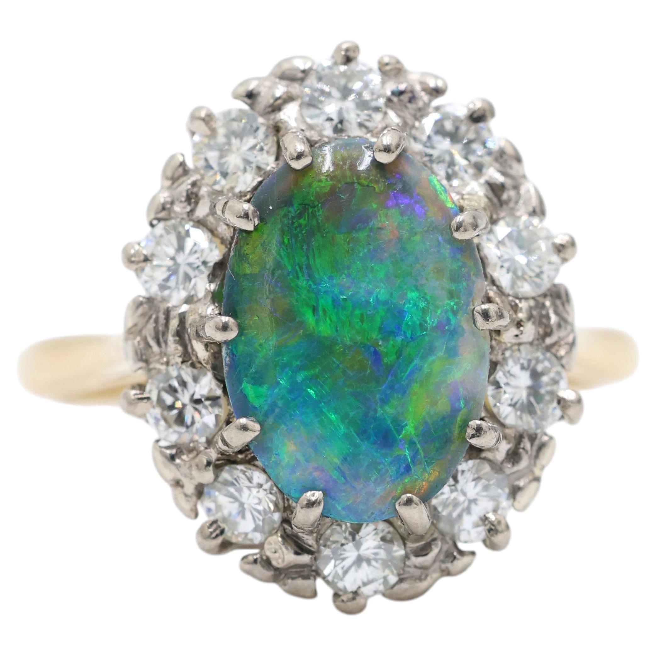 Australian Natural Black Opal & Diamond Cluster Ring set in 18k Yellow Gold