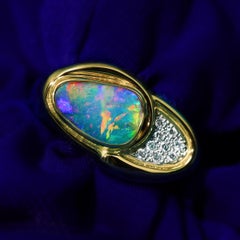 Australian Natural Solid 2.59ct Boulder Opal, Diamond, 18K Gold & Platinum Ring