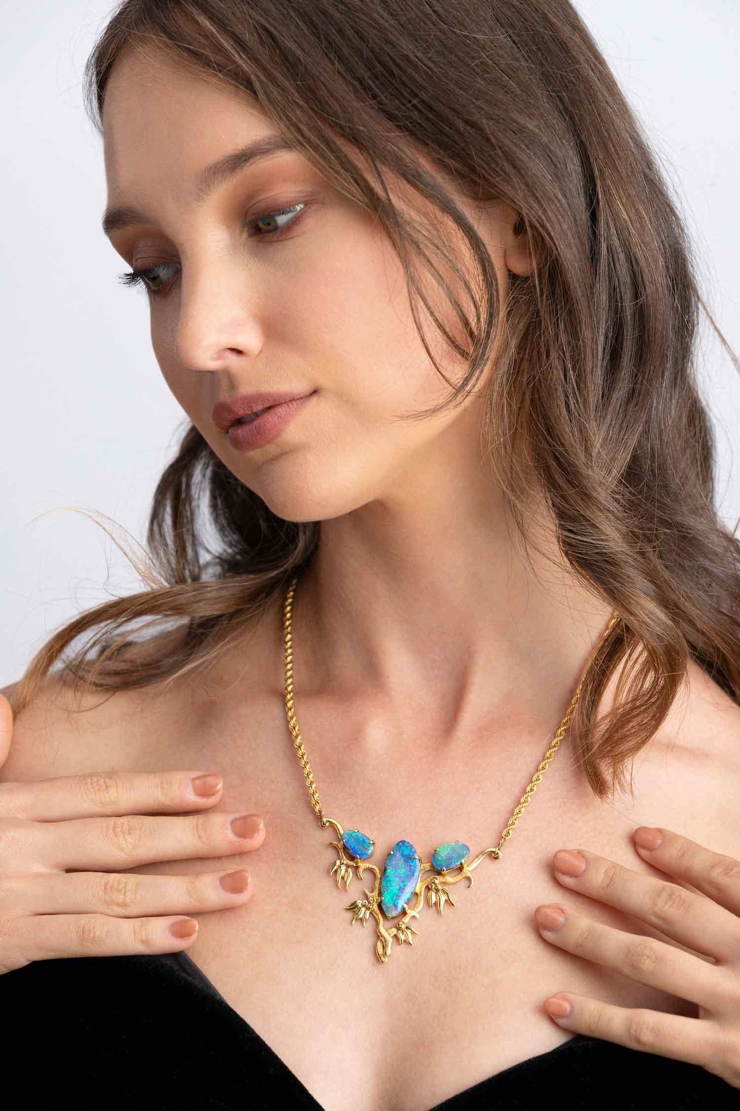'There Are Fairies at The Bottom of My Garden' opal necklace represents the Australian wattle and its flowers. The superb boulder opals ethically sourced from Jundah-Opalville and Winton mines in Australia, capture the beauty and charm of its